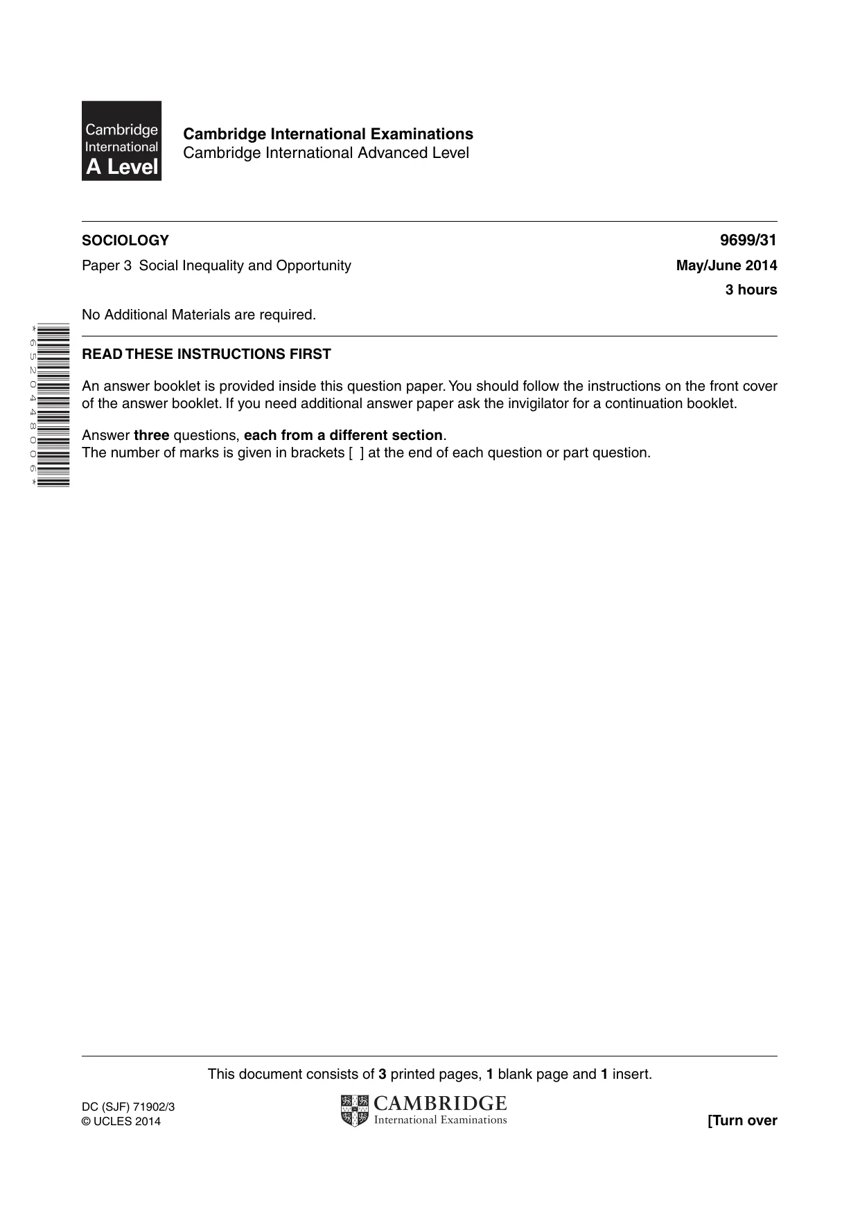 Cambridge A Level Sociology 9699 2014 May/June Paper 3 · Variant 1 question paper, page 1 of 4