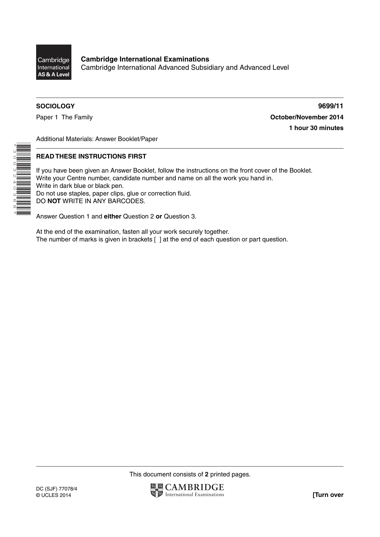Cambridge A Level Sociology 9699 2014 Oct/Nov Paper 1 · Variant 1 question paper, page 1 of 2