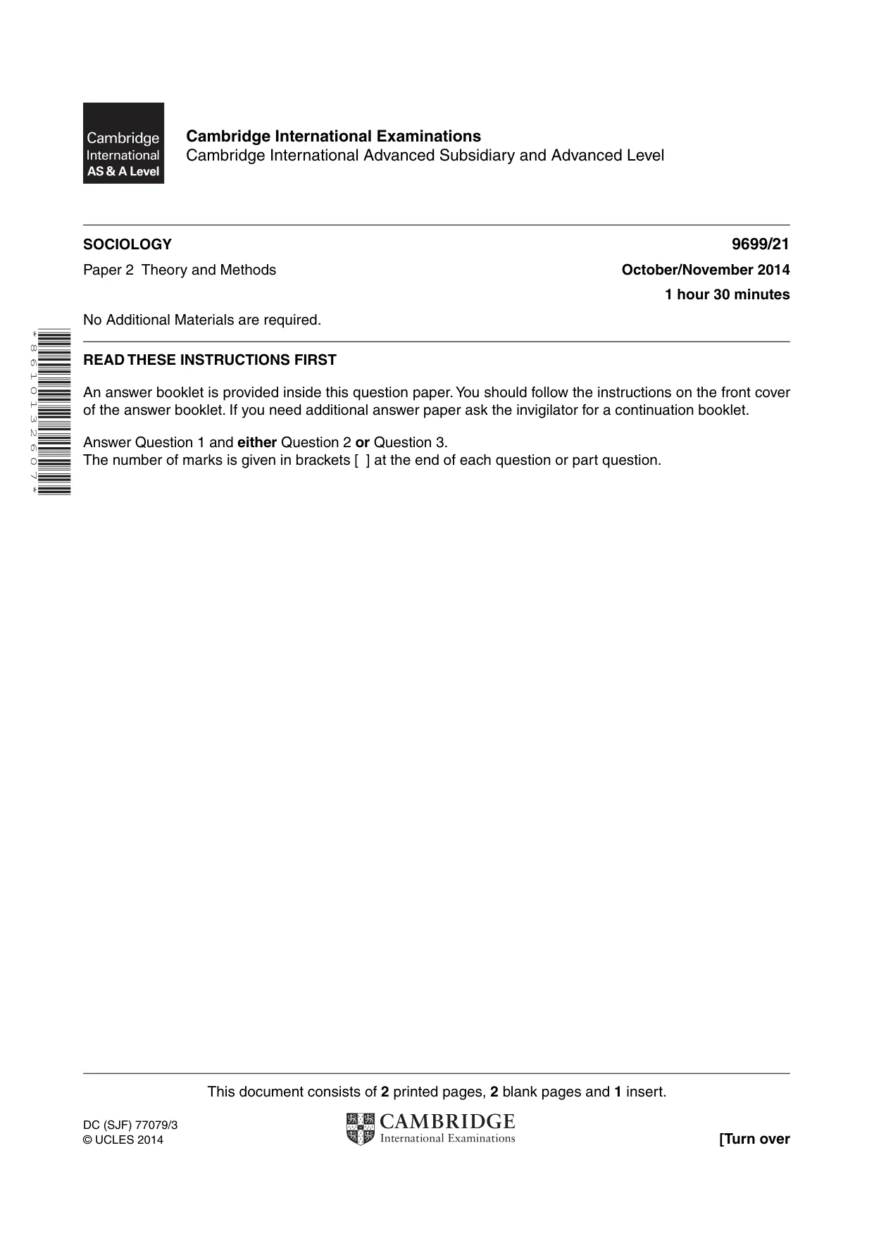 Cambridge A Level Sociology 9699 2014 Oct/Nov Paper 2 · Variant 1 question paper, page 1 of 4