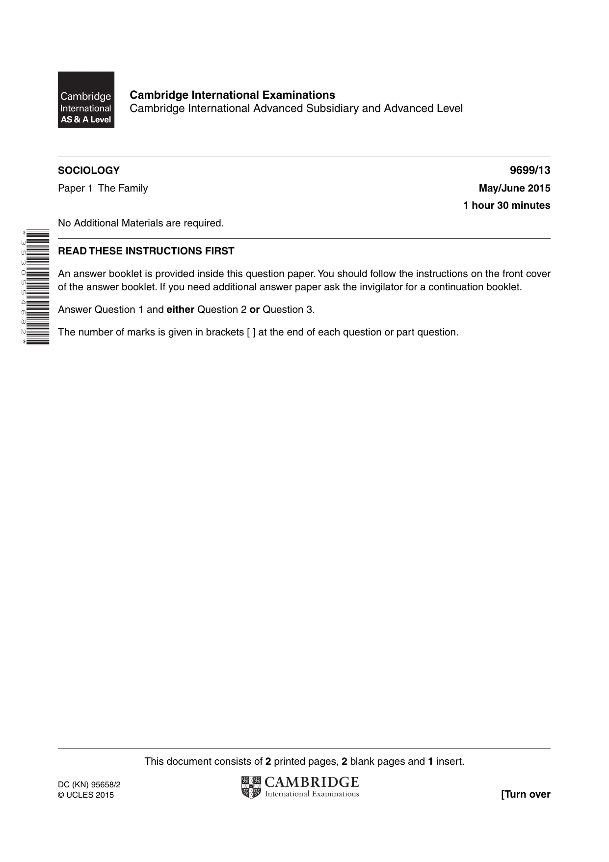 Cambridge A Level Sociology 9699 2015 May/June Paper 1 · Variant 3 question paper, page 1 of 4