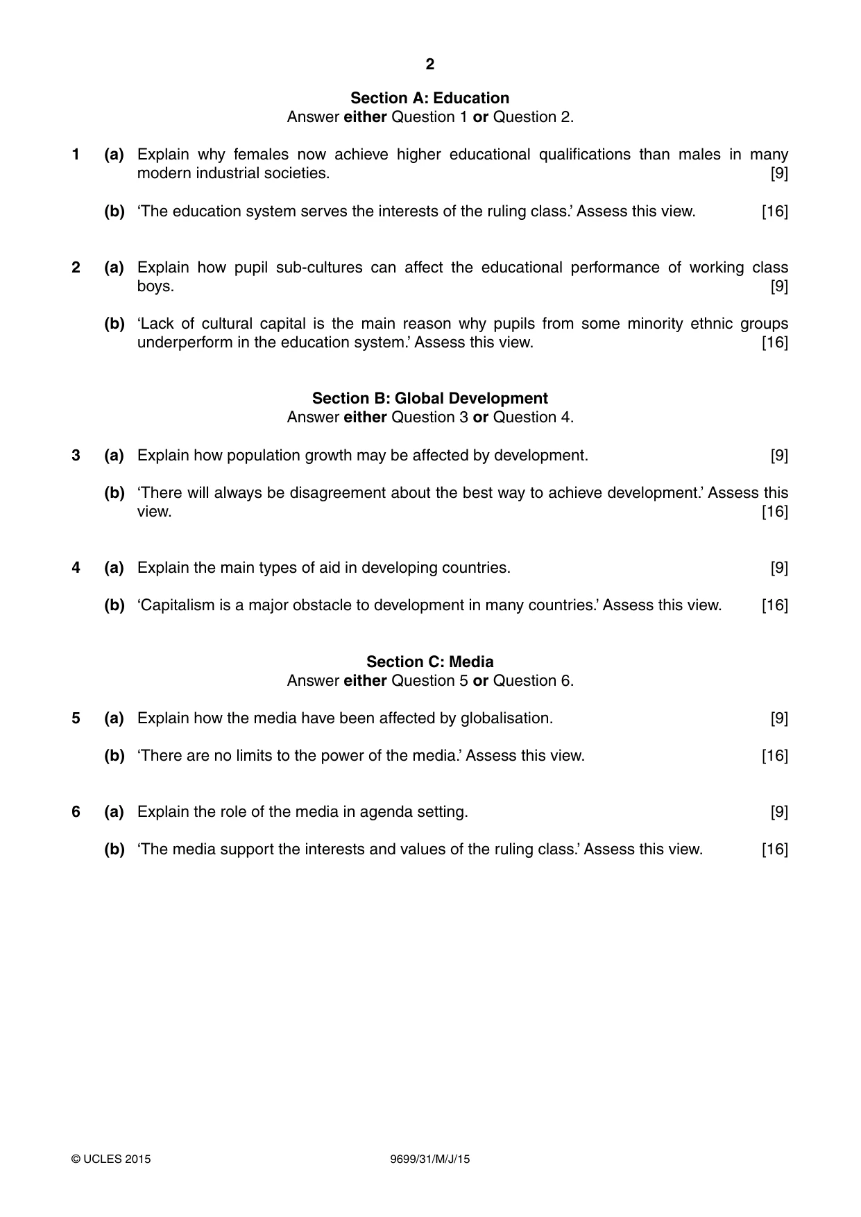 Cambridge A Level Sociology 9699 2015 May/June Paper 3 · Variant 1 question paper, page 2 of 4