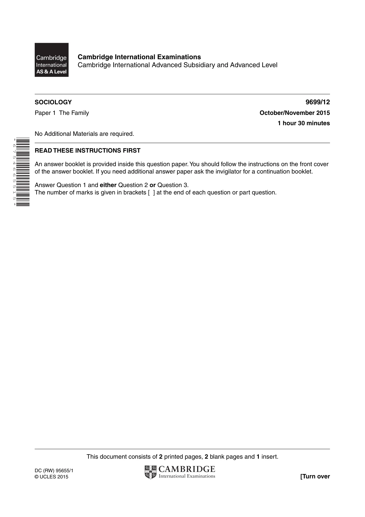 Cambridge A Level Sociology 9699 2015 Oct/Nov Paper 1 · Variant 2 question paper, page 1 of 4