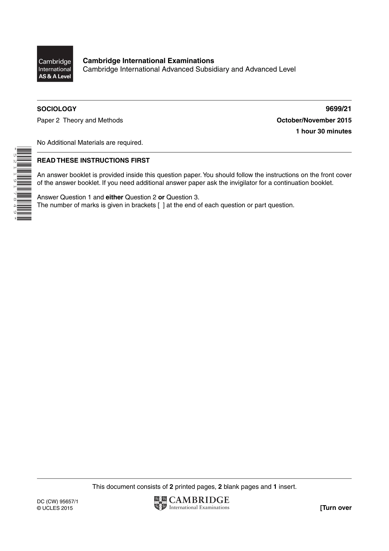 Cambridge A Level Sociology 9699 2015 Oct/Nov Paper 2 · Variant 1 question paper, page 1 of 4