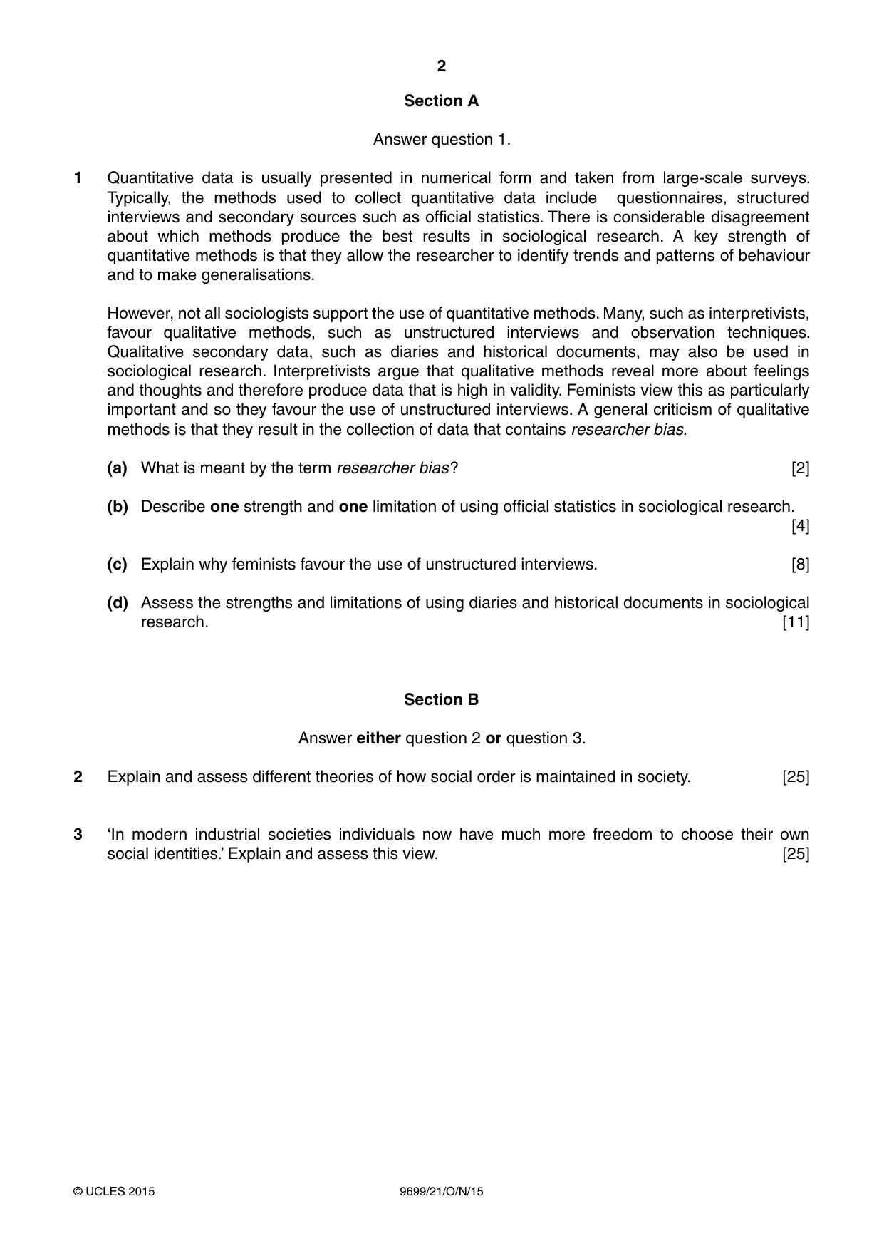Cambridge A Level Sociology 9699 2015 Oct/Nov Paper 2 · Variant 1 question paper, page 2 of 4
