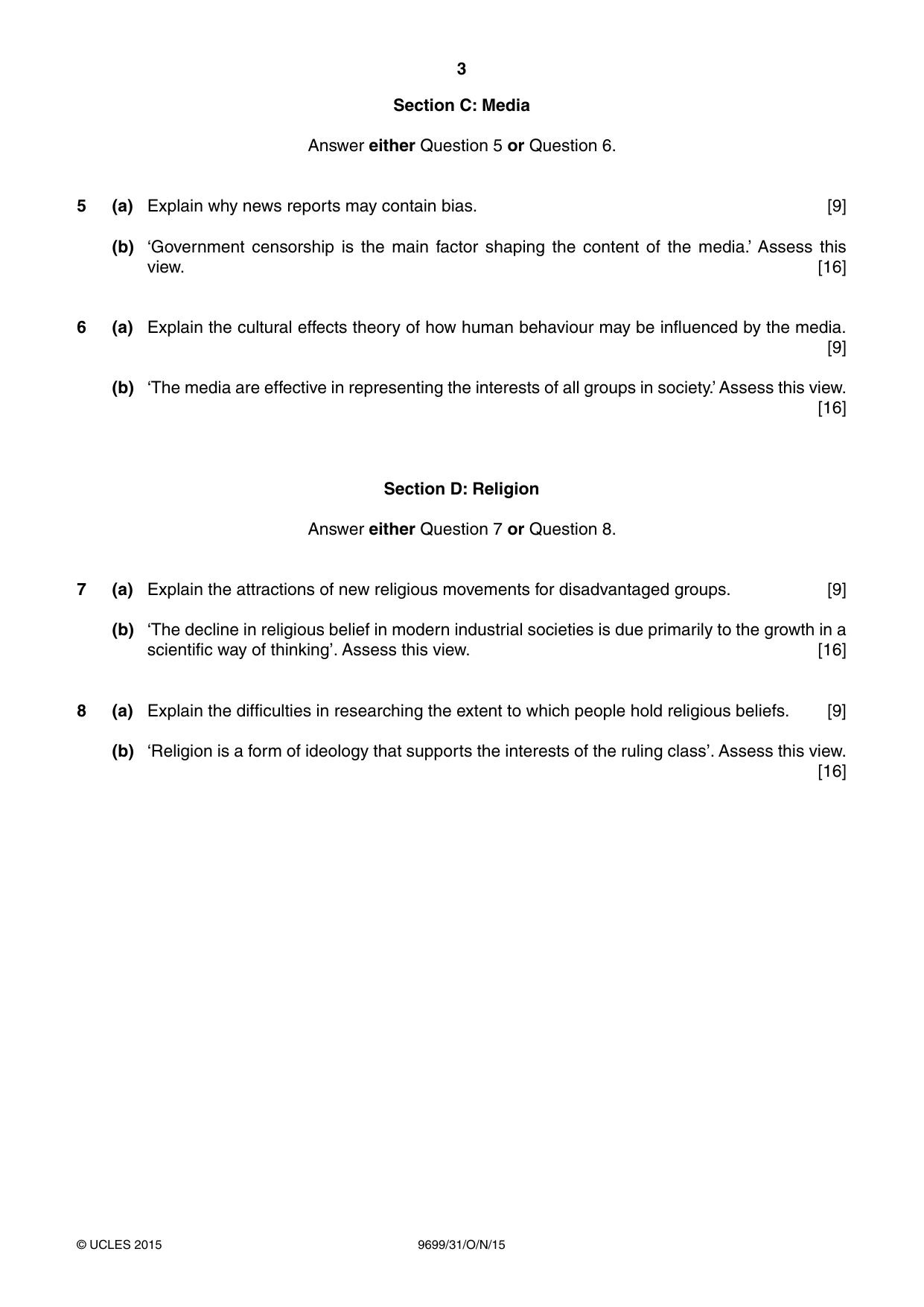 Cambridge A Level Sociology 9699 2015 Oct/Nov Paper 3 · Variant 1 question paper, page 3 of 4