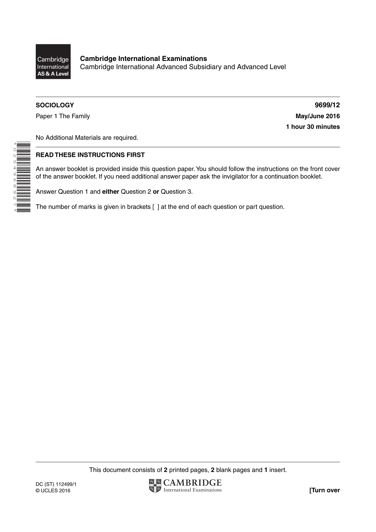 Cambridge A Level Sociology 9699 2016 May/June Paper 1 · Variant 2 question paper, page 1 of 4