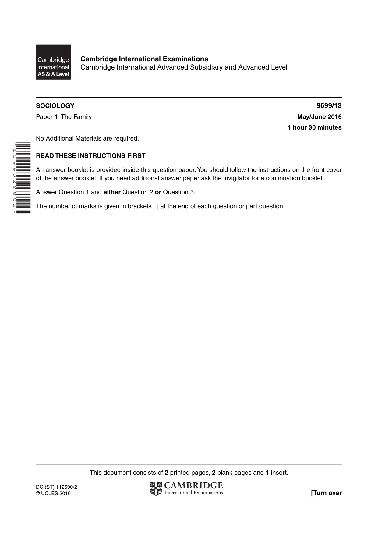 Cambridge A Level Sociology 9699 2016 May/June Paper 1 · Variant 3 question paper, page 1 of 4