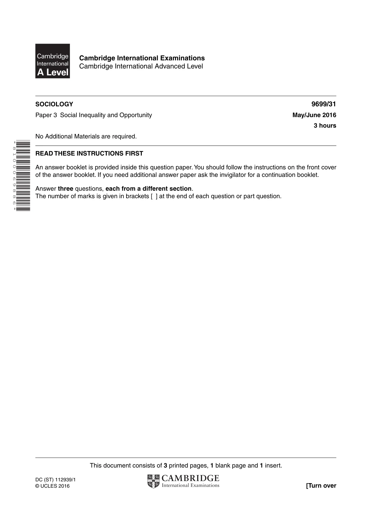 Cambridge A Level Sociology 9699 2016 May/June Paper 3 · Variant 1 question paper, page 1 of 4