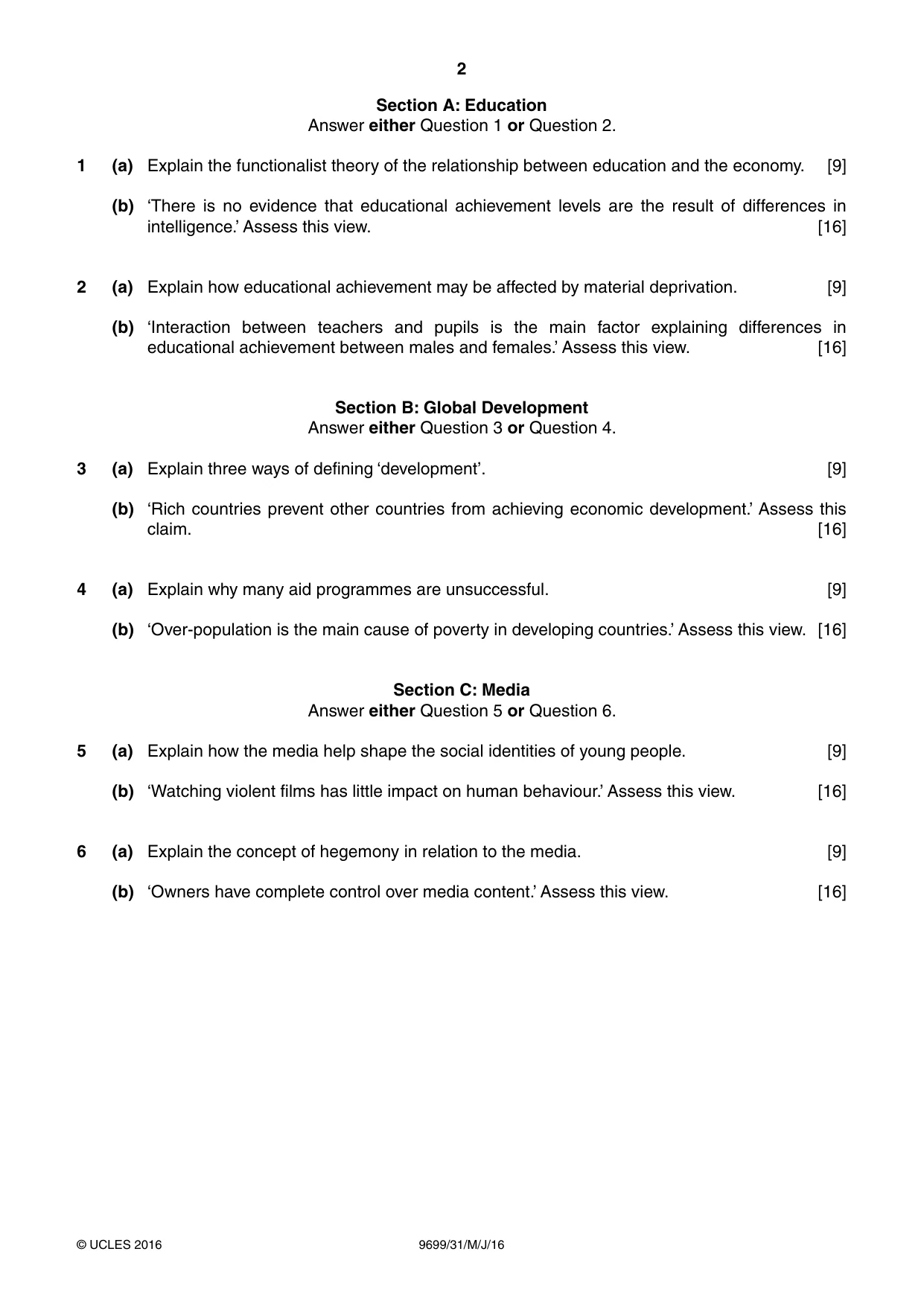 Cambridge A Level Sociology 9699 2016 May/June Paper 3 · Variant 1 question paper, page 2 of 4