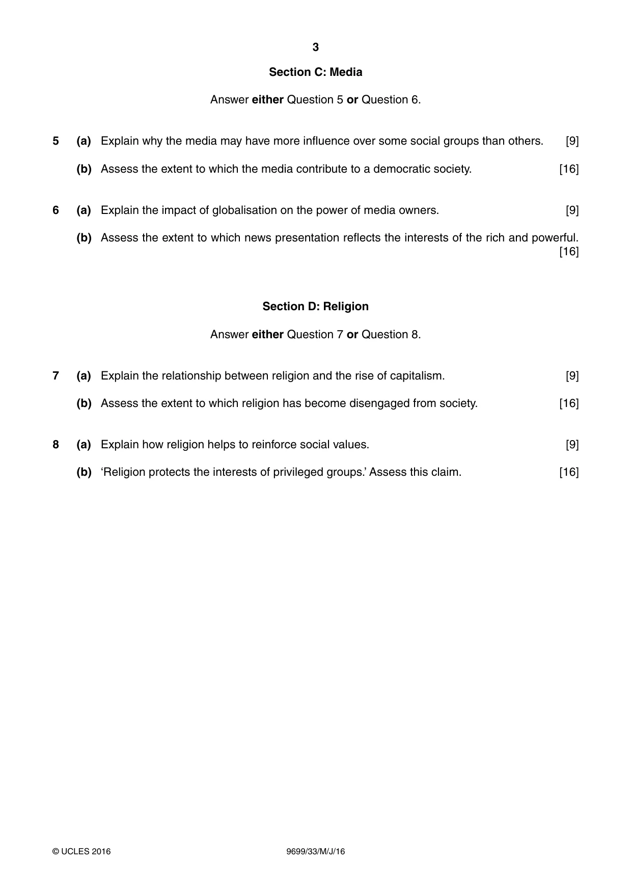 Cambridge A Level Sociology 9699 2016 May/June Paper 3 · Variant 3 question paper, page 3 of 4