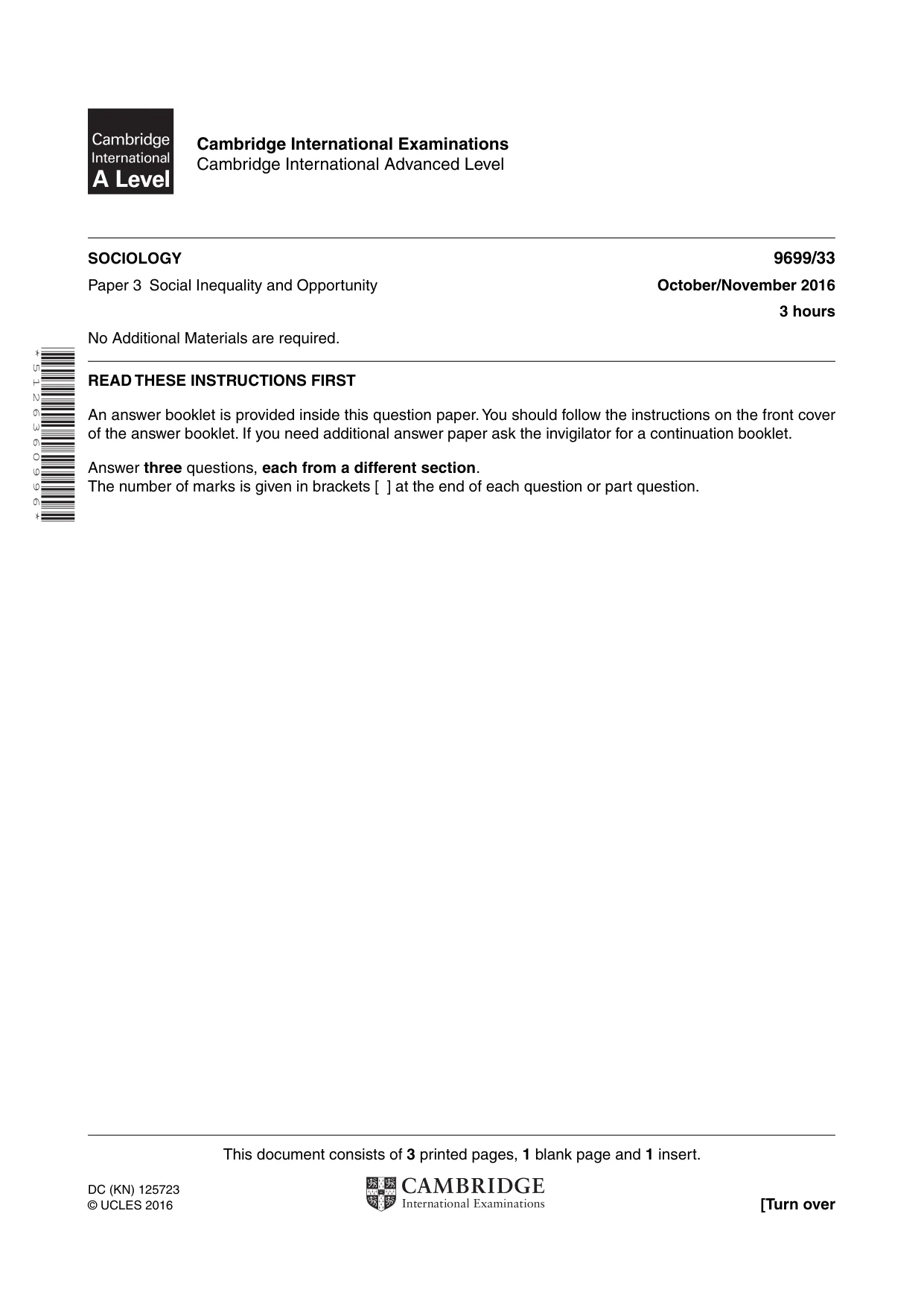 Cambridge A Level Sociology 9699 2016 Oct/Nov Paper 3 · Variant 3 question paper, page 1 of 4