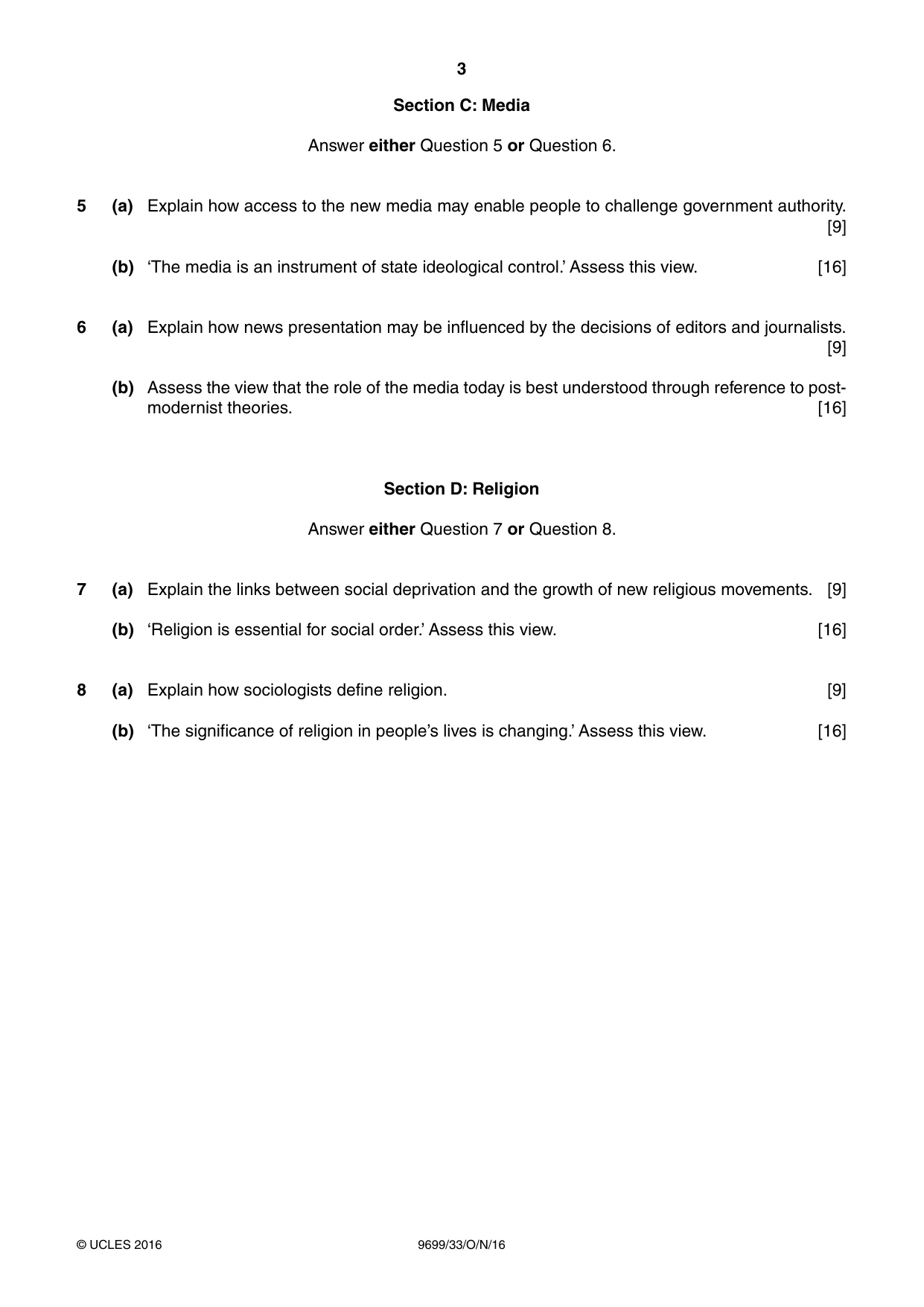 Cambridge A Level Sociology 9699 2016 Oct/Nov Paper 3 · Variant 3 question paper, page 3 of 4