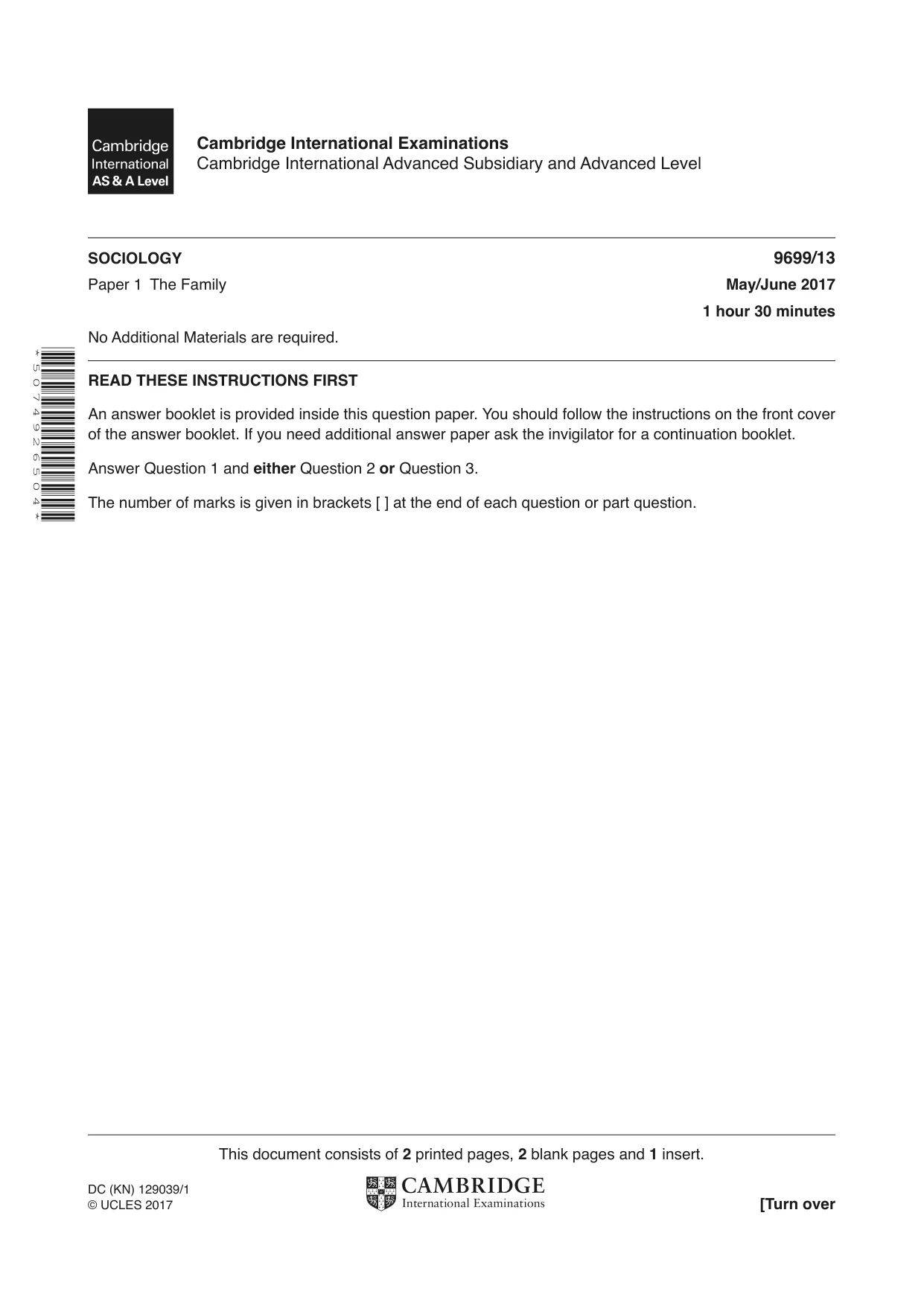 Cambridge A Level Sociology 9699 2017 May/June Paper 1 · Variant 3 question paper, page 1 of 4