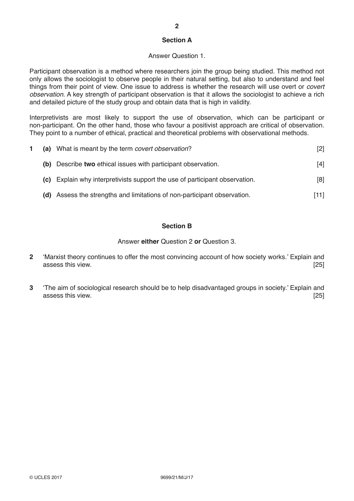 Cambridge A Level Sociology 9699 2017 May/June Paper 2 · Variant 1 question paper, page 2 of 4
