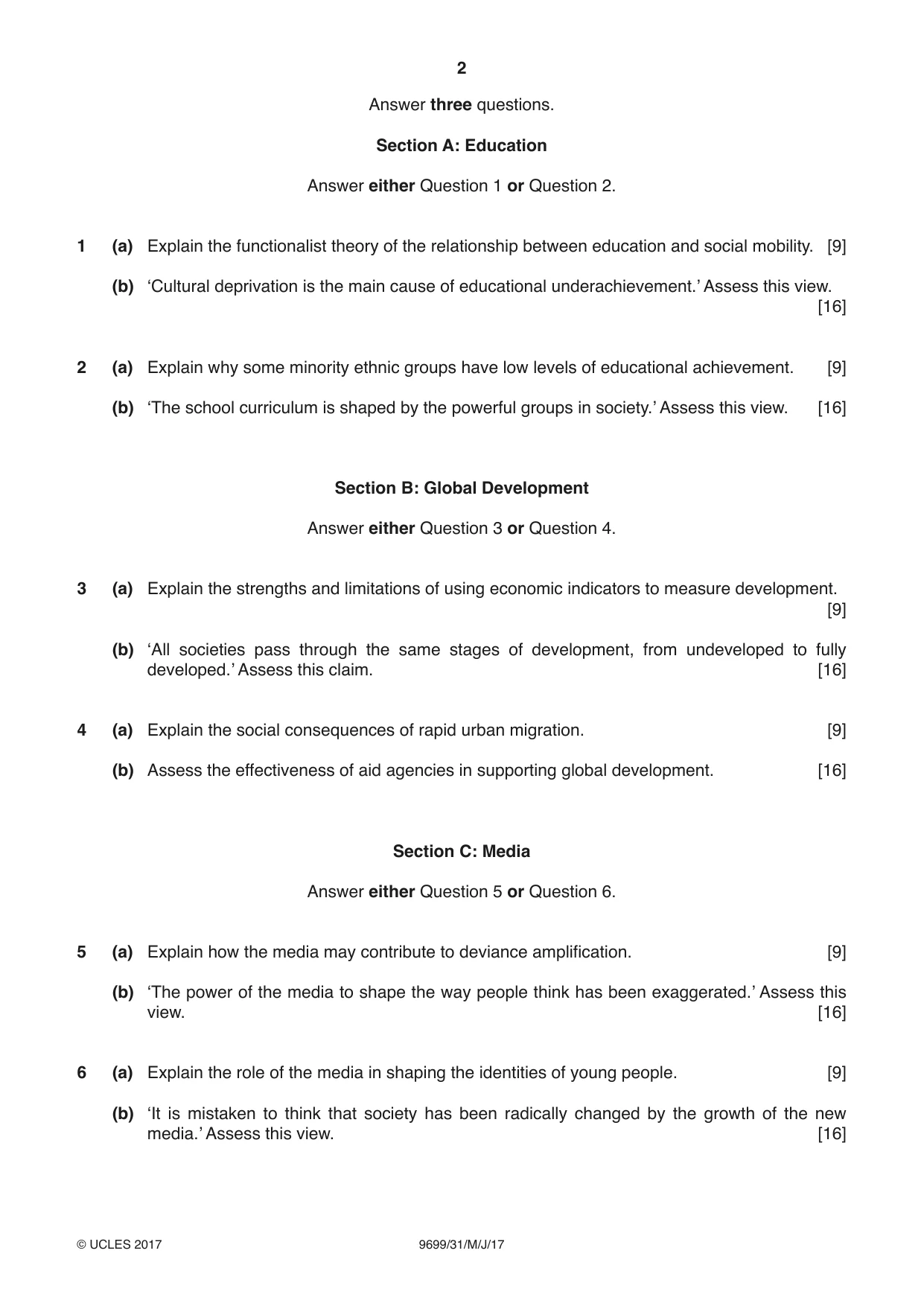 Cambridge A Level Sociology 9699 2017 May/June Paper 3 · Variant 1 question paper, page 2 of 4