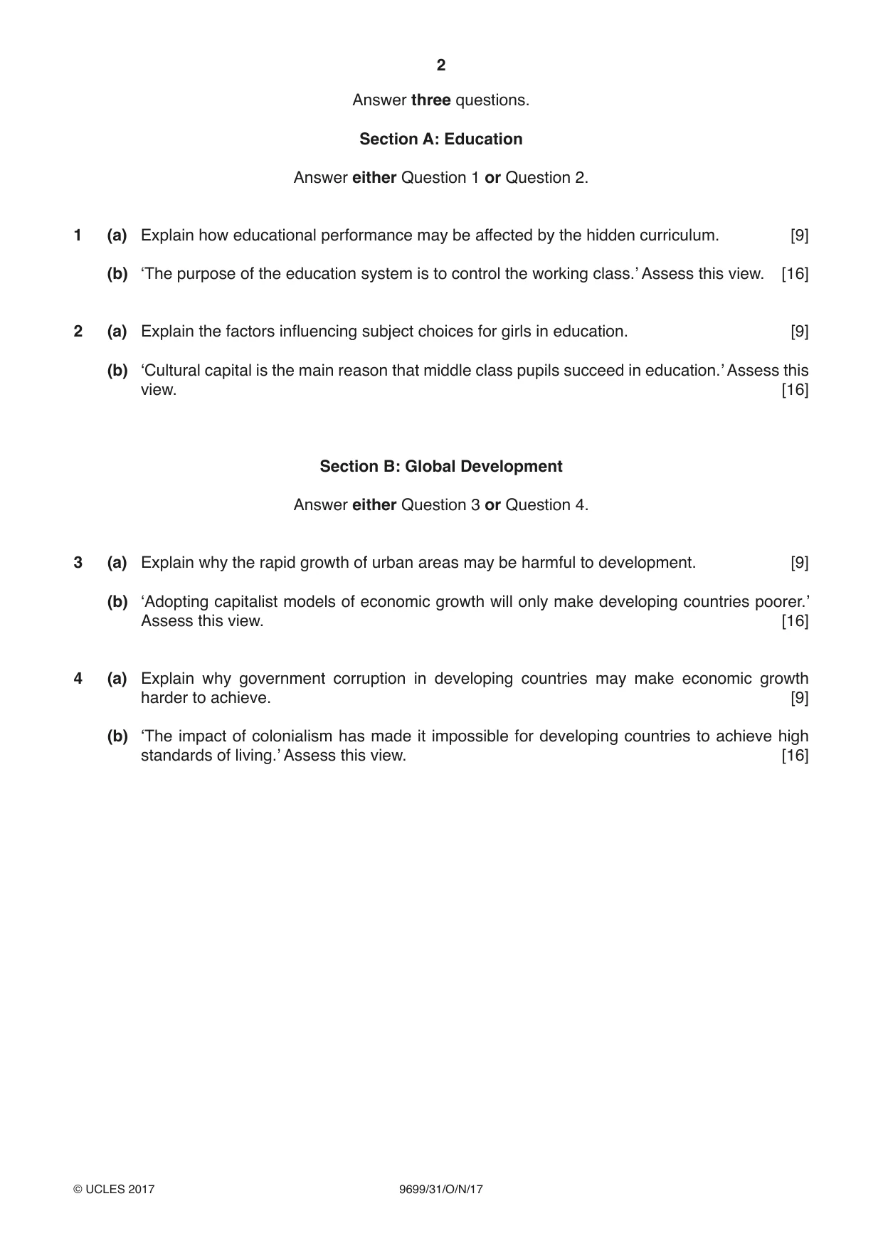 Cambridge A Level Sociology 9699 2017 Oct/Nov Paper 3 · Variant 1 question paper, page 2 of 4