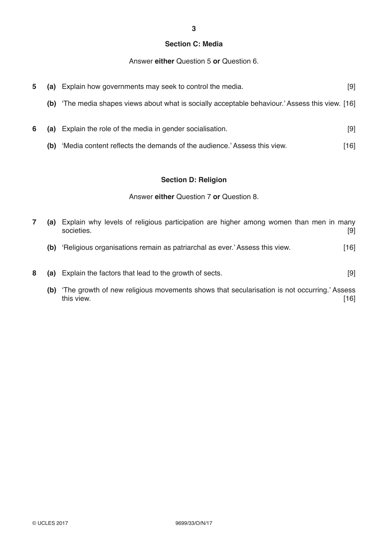 Cambridge A Level Sociology 9699 2017 Oct/Nov Paper 3 · Variant 3 question paper, page 3 of 4