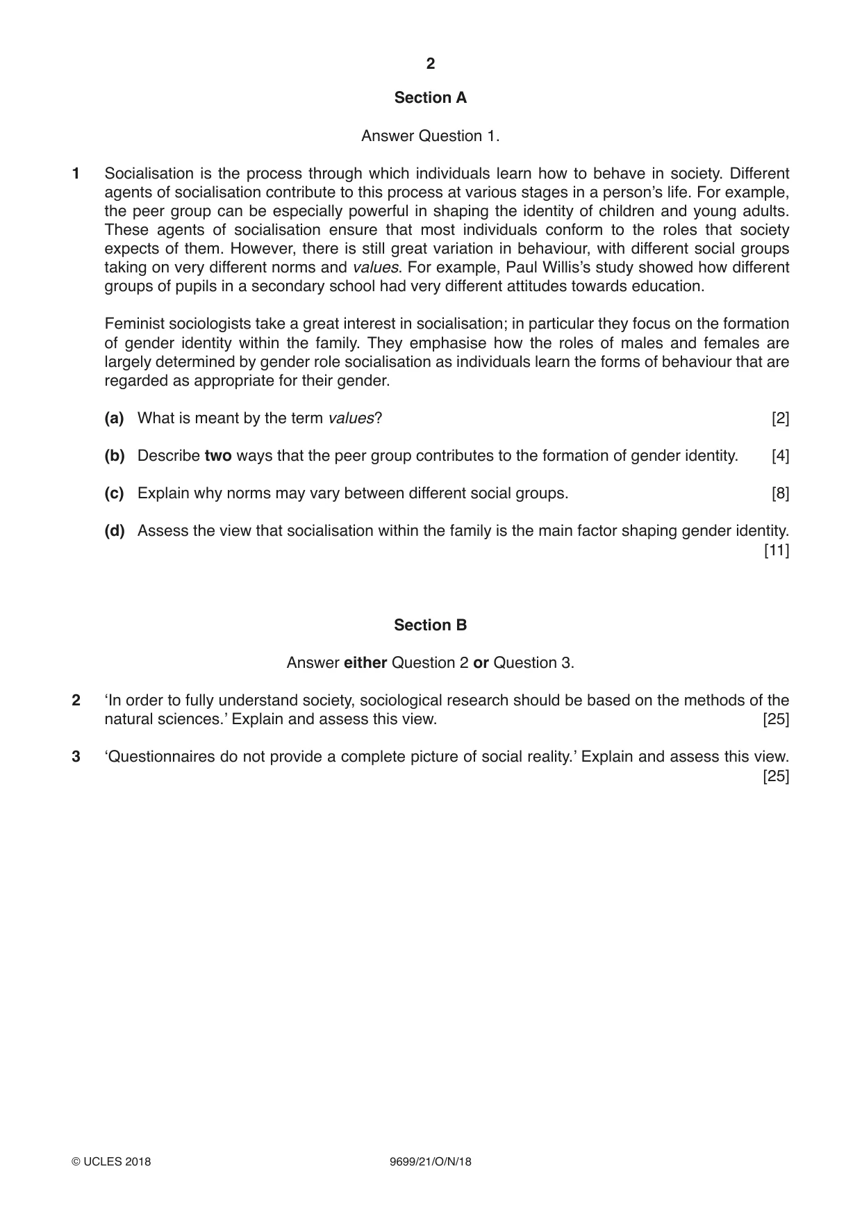 Cambridge A Level Sociology 9699 2018 Oct/Nov Paper 2 · Variant 1 question paper, page 2 of 4