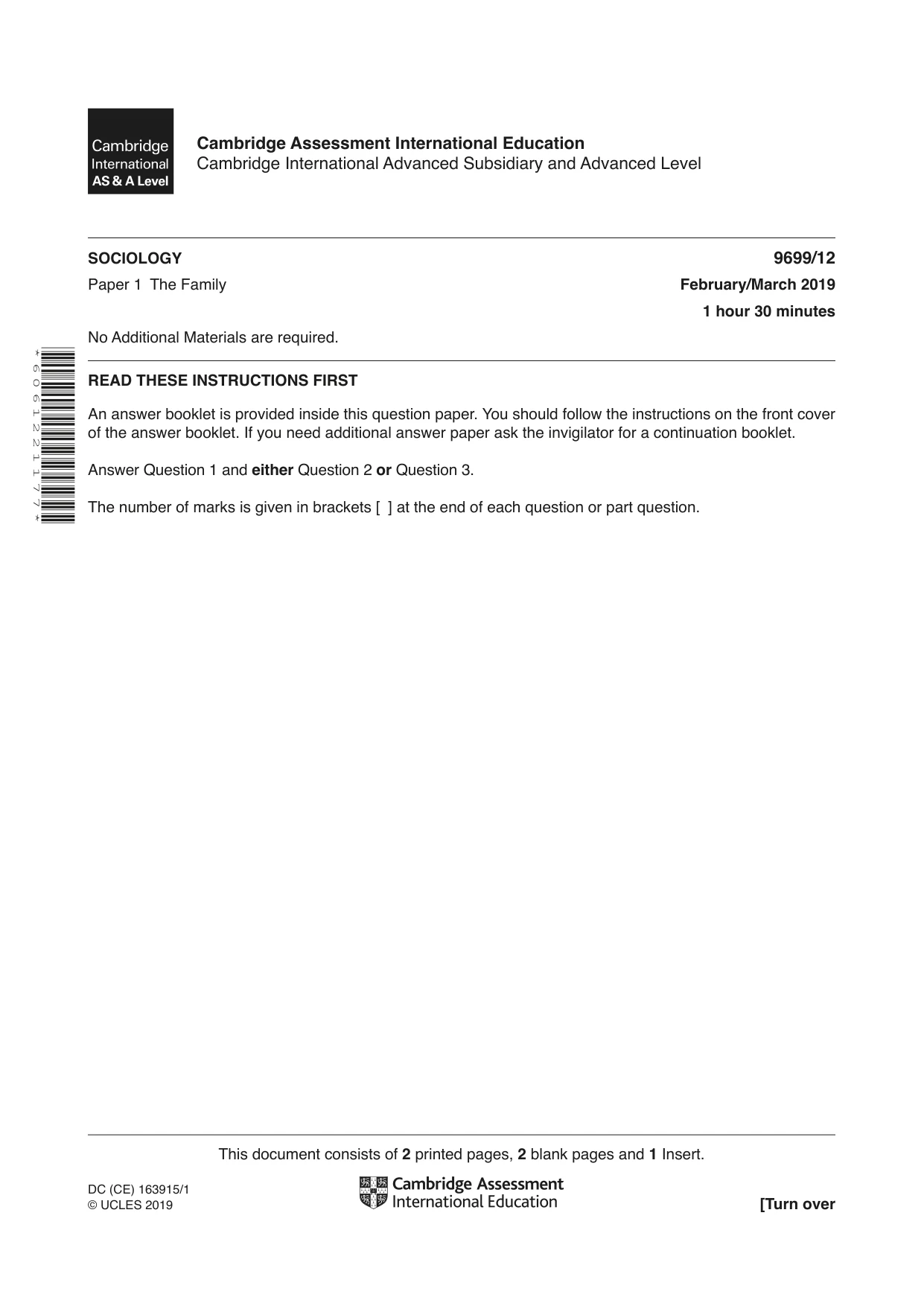 Cambridge A Level Sociology 9699 2019 Feb/March Paper 1 · Variant 2 question paper, page 1 of 4