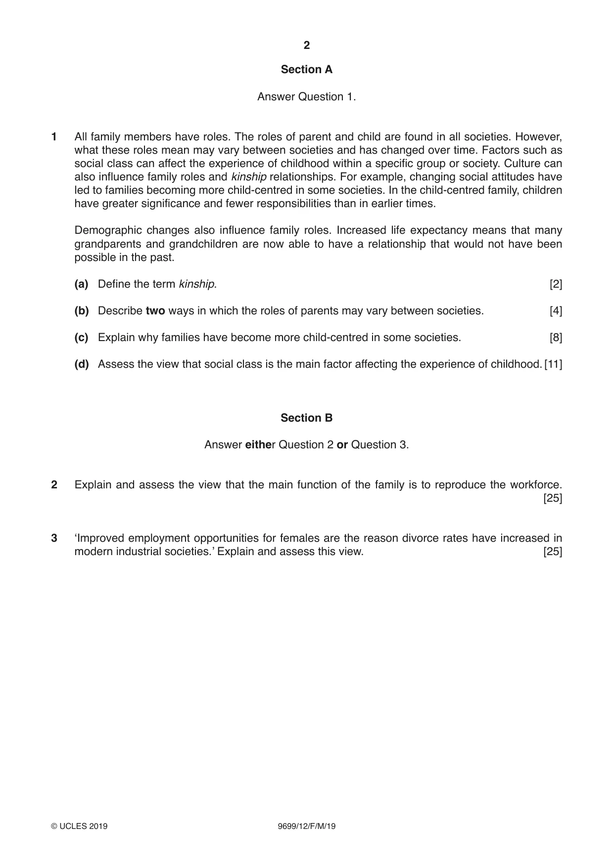 Cambridge A Level Sociology 9699 2019 Feb/March Paper 1 · Variant 2 question paper, page 2 of 4