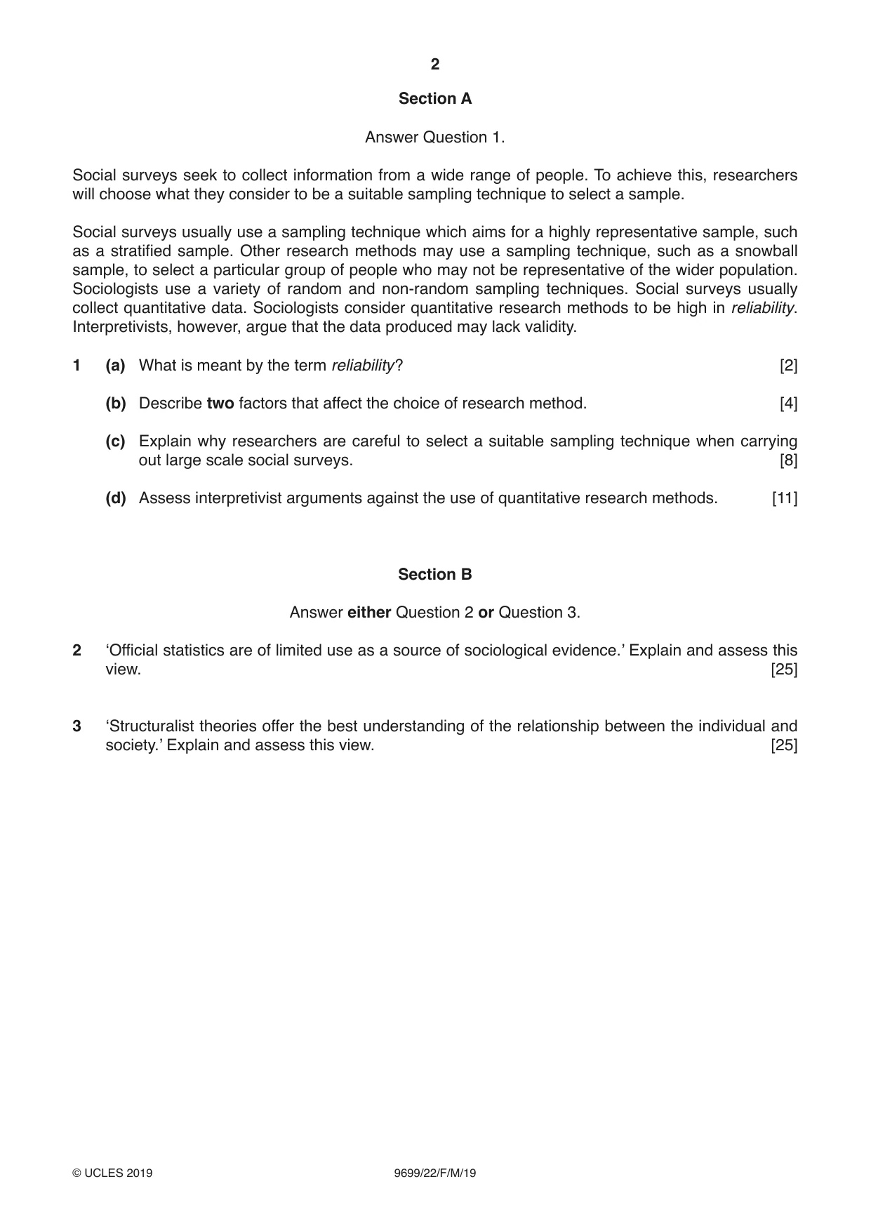 Cambridge A Level Sociology 9699 2019 Feb/March Paper 2 · Variant 2 question paper, page 2 of 4