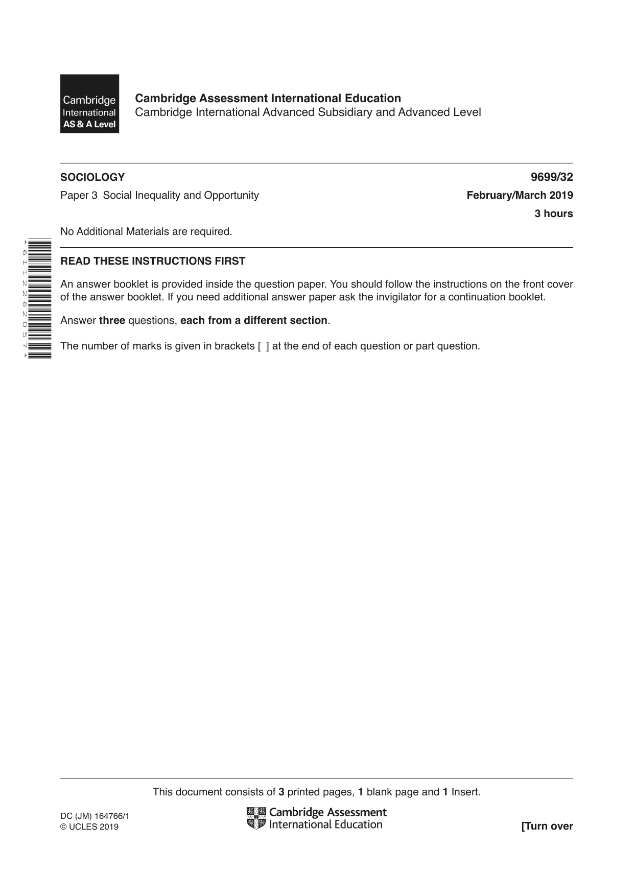 Cambridge A Level Sociology 9699 2019 Feb/March Paper 3 · Variant 2 question paper, page 1 of 4