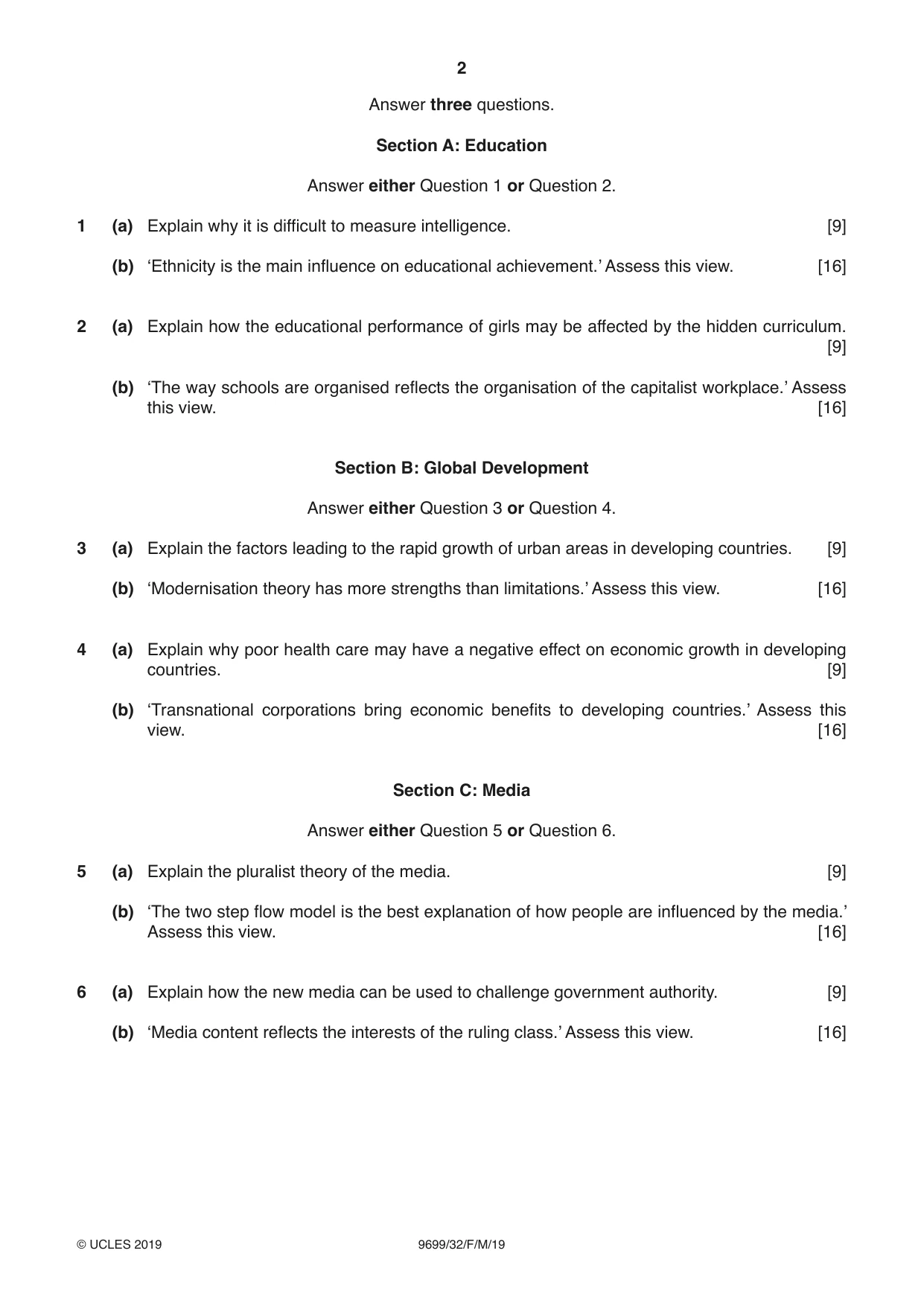 Cambridge A Level Sociology 9699 2019 Feb/March Paper 3 · Variant 2 question paper, page 2 of 4
