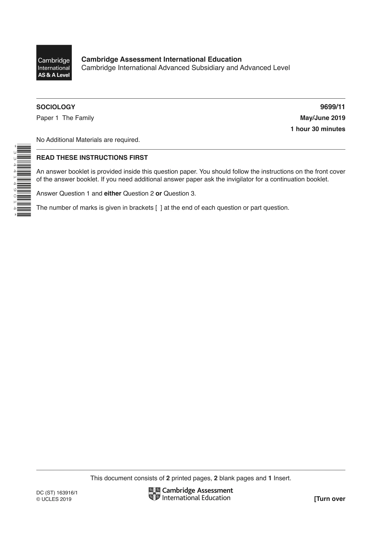 Cambridge A Level Sociology 9699 2019 May/June Paper 1 · Variant 1 question paper, page 1 of 4