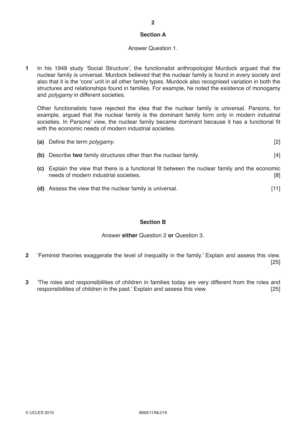 Cambridge A Level Sociology 9699 2019 May/June Paper 1 · Variant 1 question paper, page 2 of 4