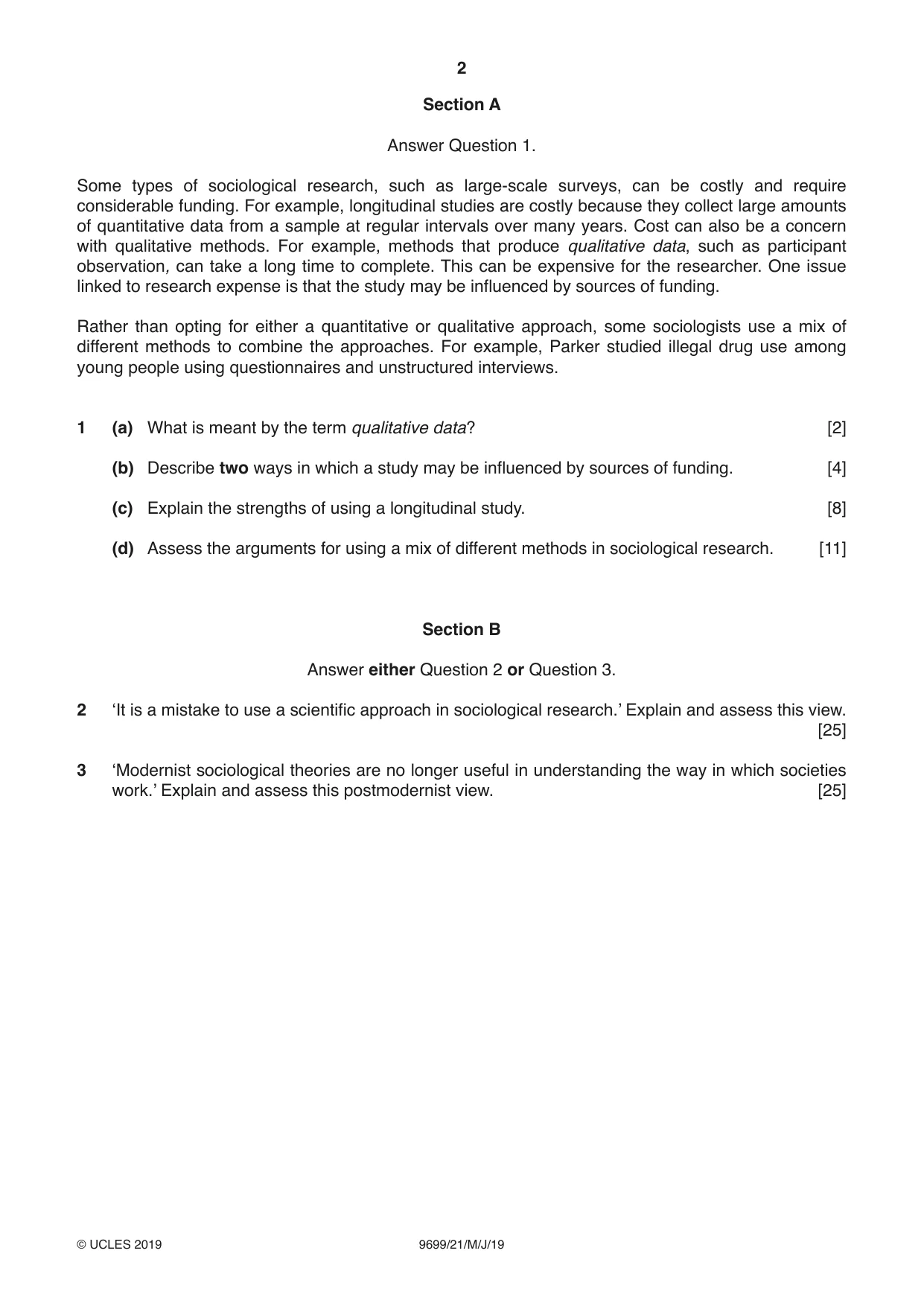 Cambridge A Level Sociology 9699 2019 May/June Paper 2 · Variant 1 question paper, page 2 of 4