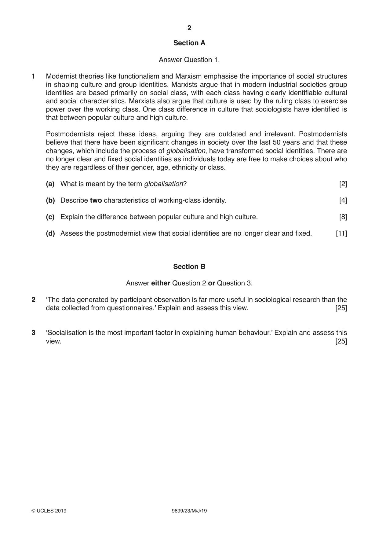 Cambridge A Level Sociology 9699 2019 May/June Paper 2 · Variant 3 question paper, page 2 of 4