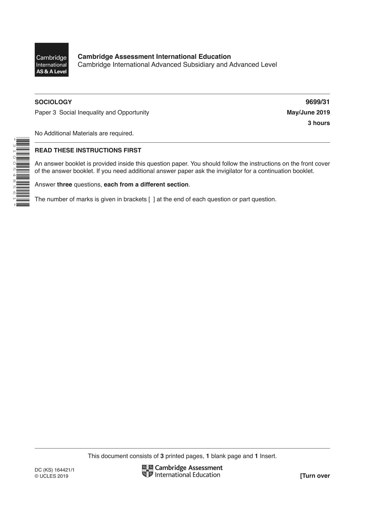 Cambridge A Level Sociology 9699 2019 May/June Paper 3 · Variant 1 question paper, page 1 of 4