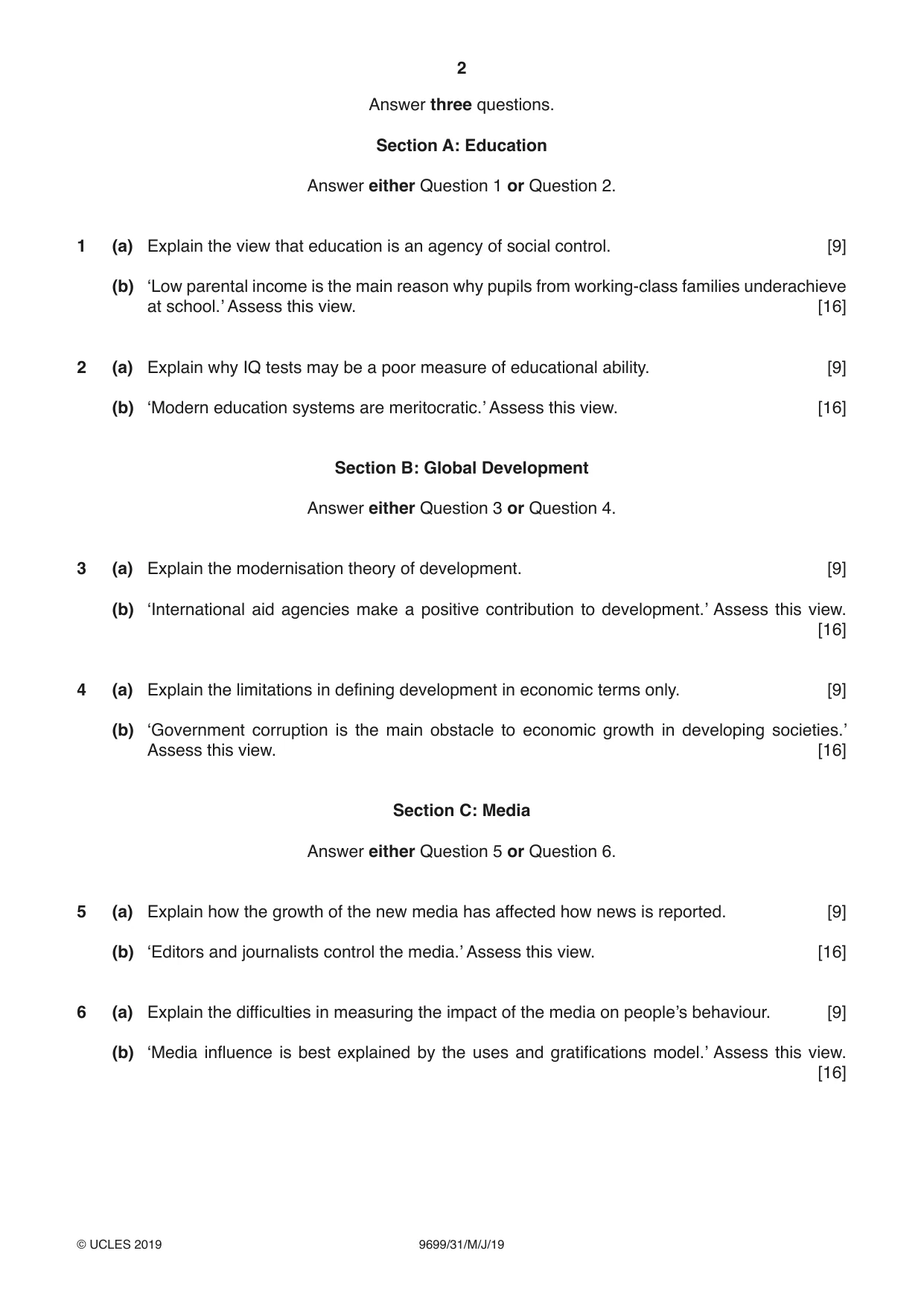 Cambridge A Level Sociology 9699 2019 May/June Paper 3 · Variant 1 question paper, page 2 of 4