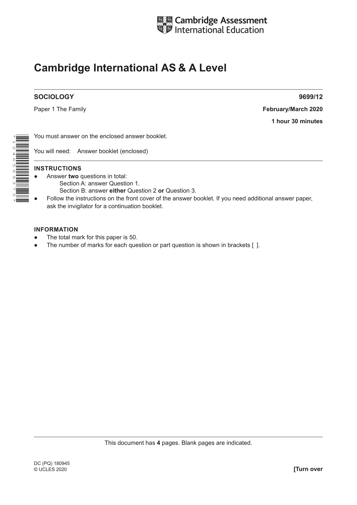 Cambridge A Level Sociology 9699 2020 Feb/March Paper 1 · Variant 2 question paper, page 1 of 4
