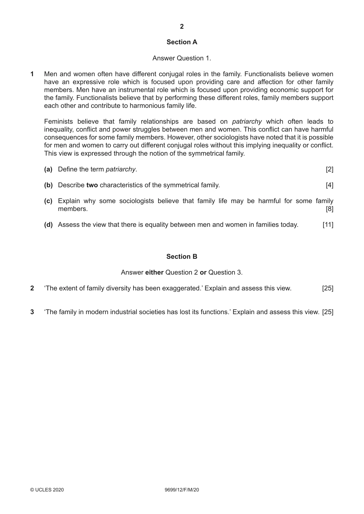 Cambridge A Level Sociology 9699 2020 Feb/March Paper 1 · Variant 2 question paper, page 2 of 4