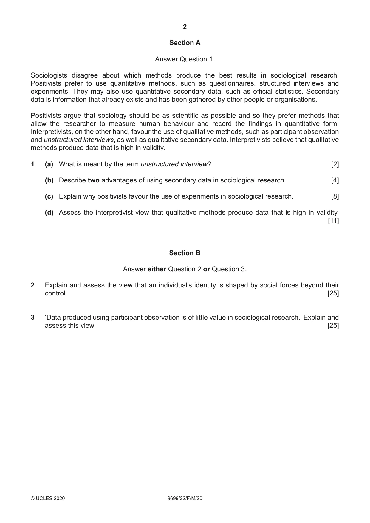 Cambridge A Level Sociology 9699 2020 Feb/March Paper 2 · Variant 2 question paper, page 2 of 4