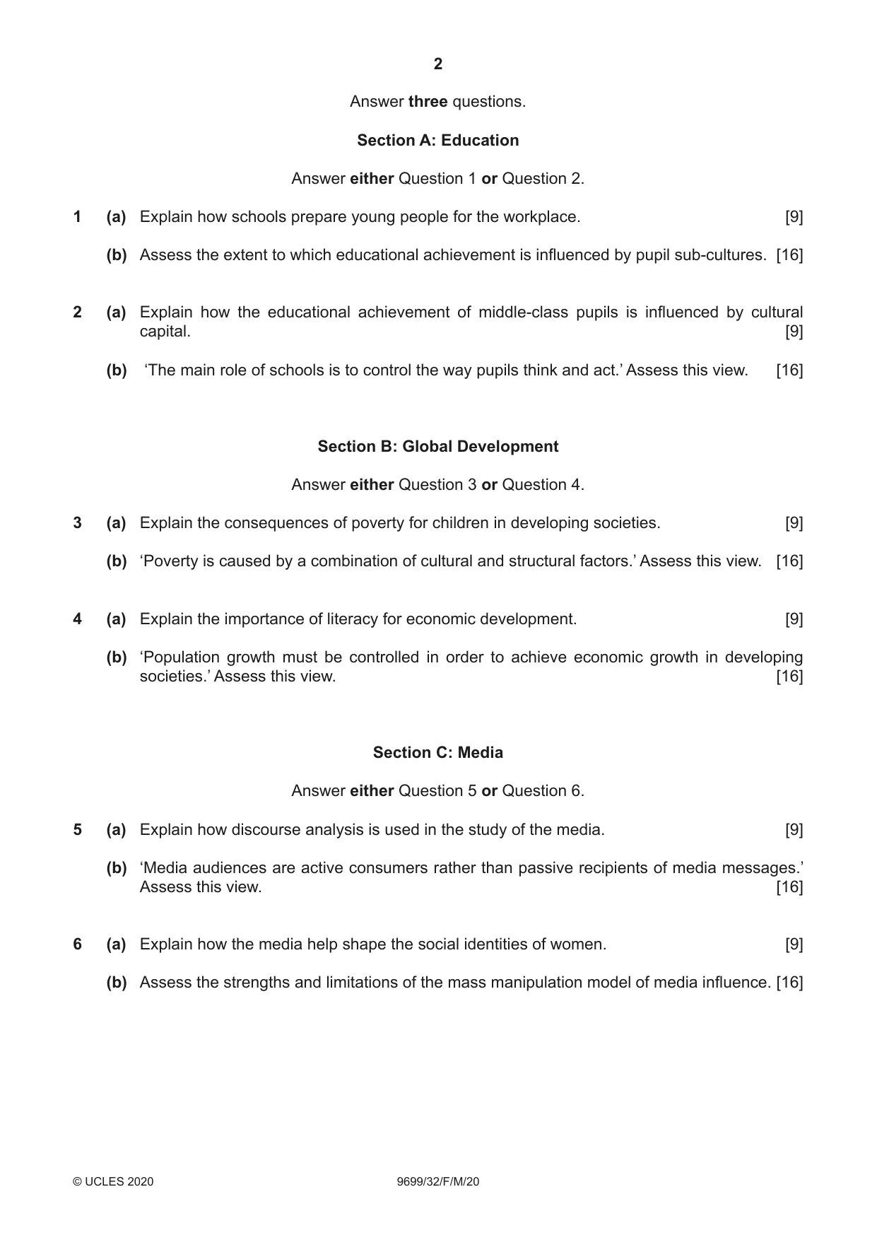 Cambridge A Level Sociology 9699 2020 Feb/March Paper 3 · Variant 2 question paper, page 2 of 4