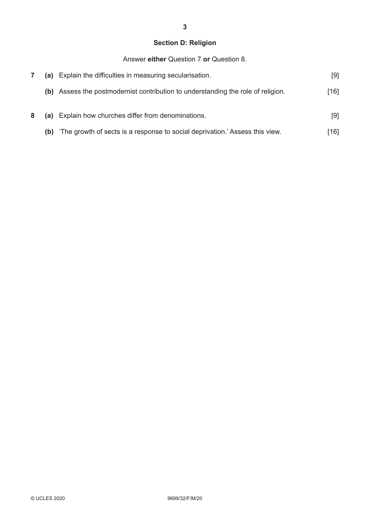 Cambridge A Level Sociology 9699 2020 Feb/March Paper 3 · Variant 2 question paper, page 3 of 4