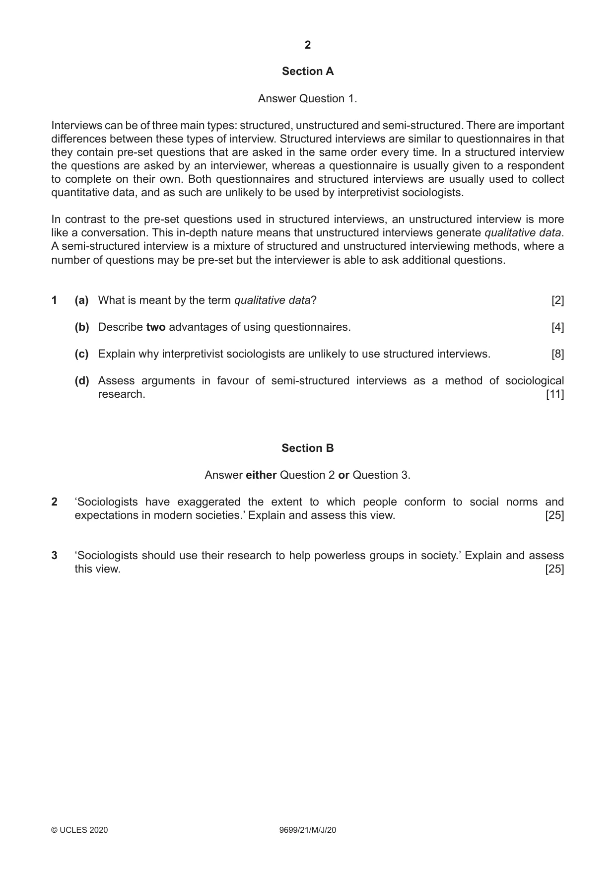 Cambridge A Level Sociology 9699 2020 May/June Paper 2 · Variant 1 question paper, page 2 of 4