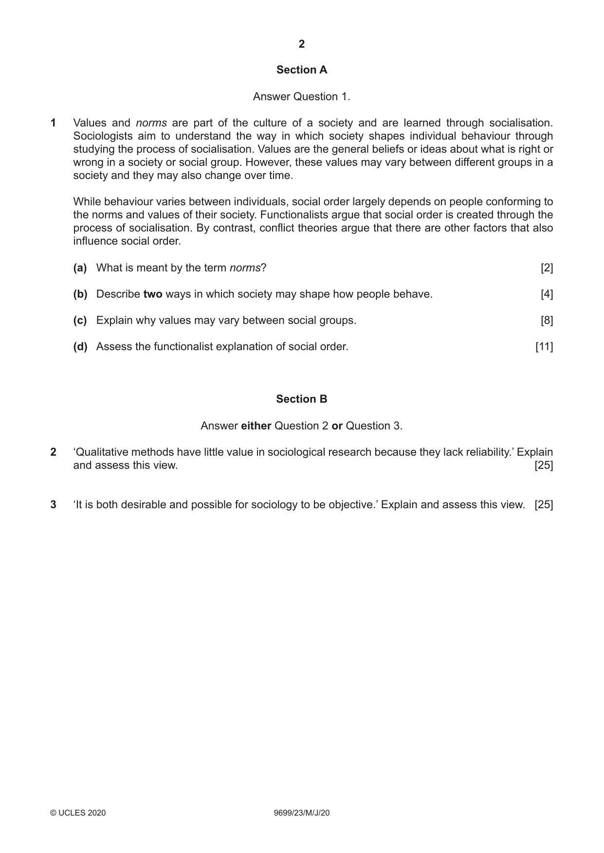 Cambridge A Level Sociology 9699 2020 May/June Paper 2 · Variant 3 question paper, page 2 of 4