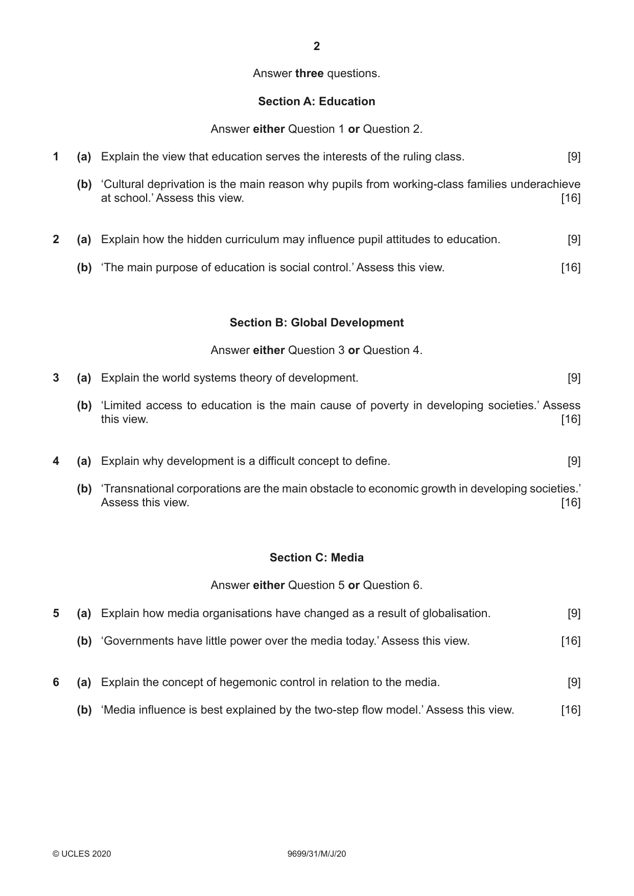 Cambridge A Level Sociology 9699 2020 May/June Paper 3 · Variant 1 question paper, page 2 of 4