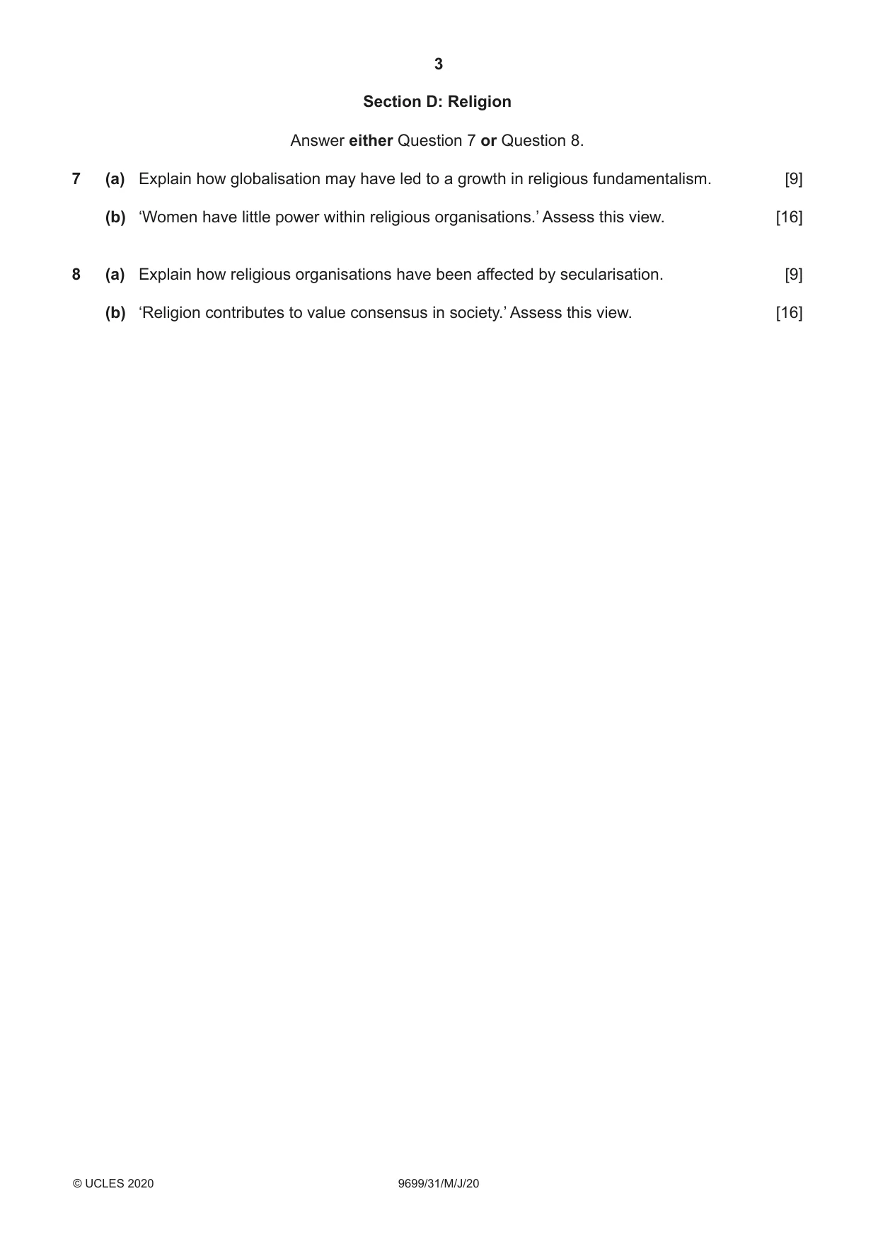 Cambridge A Level Sociology 9699 2020 May/June Paper 3 · Variant 1 question paper, page 3 of 4