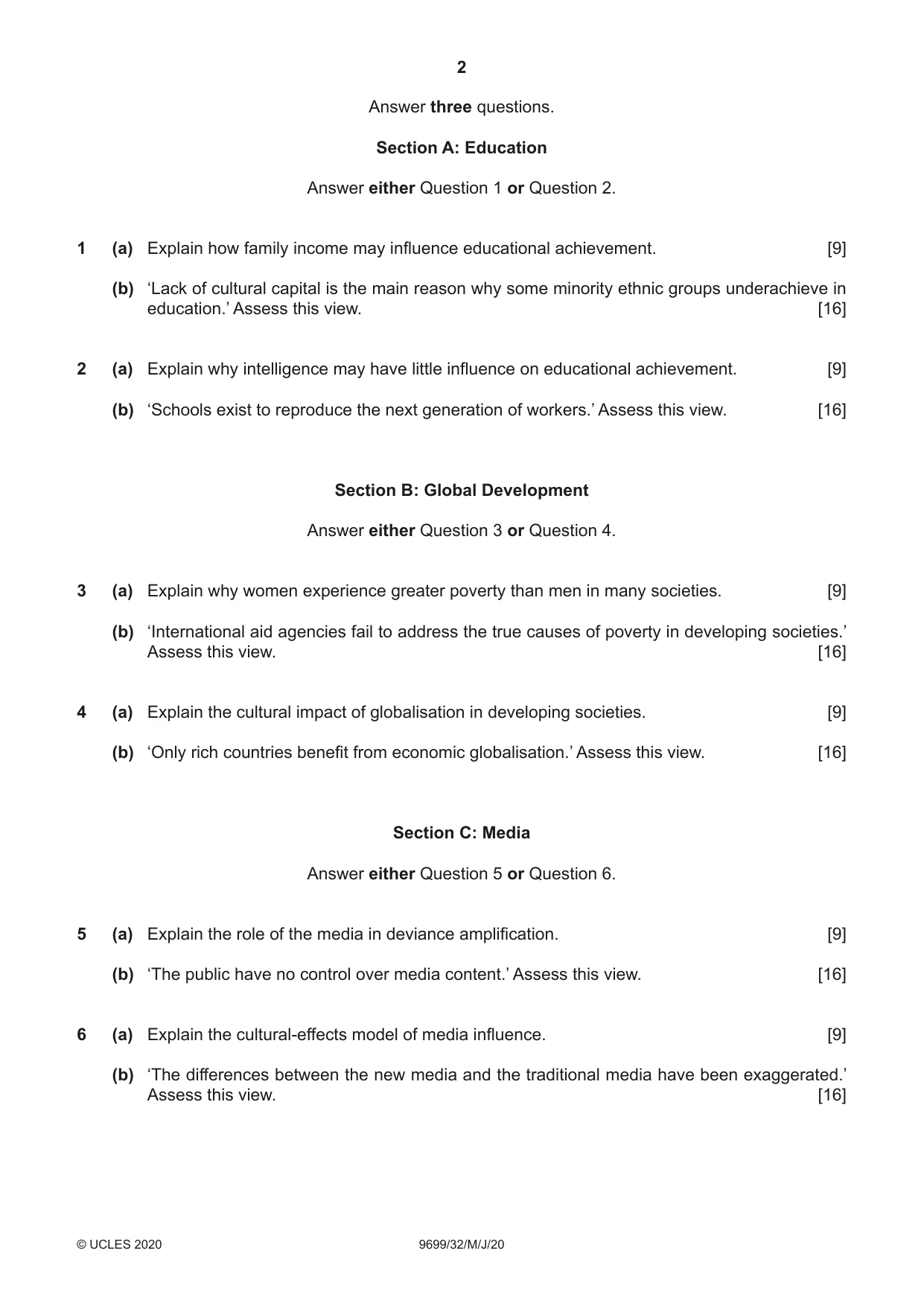 Cambridge A Level Sociology 9699 2020 May/June Paper 3 · Variant 2 question paper, page 2 of 4