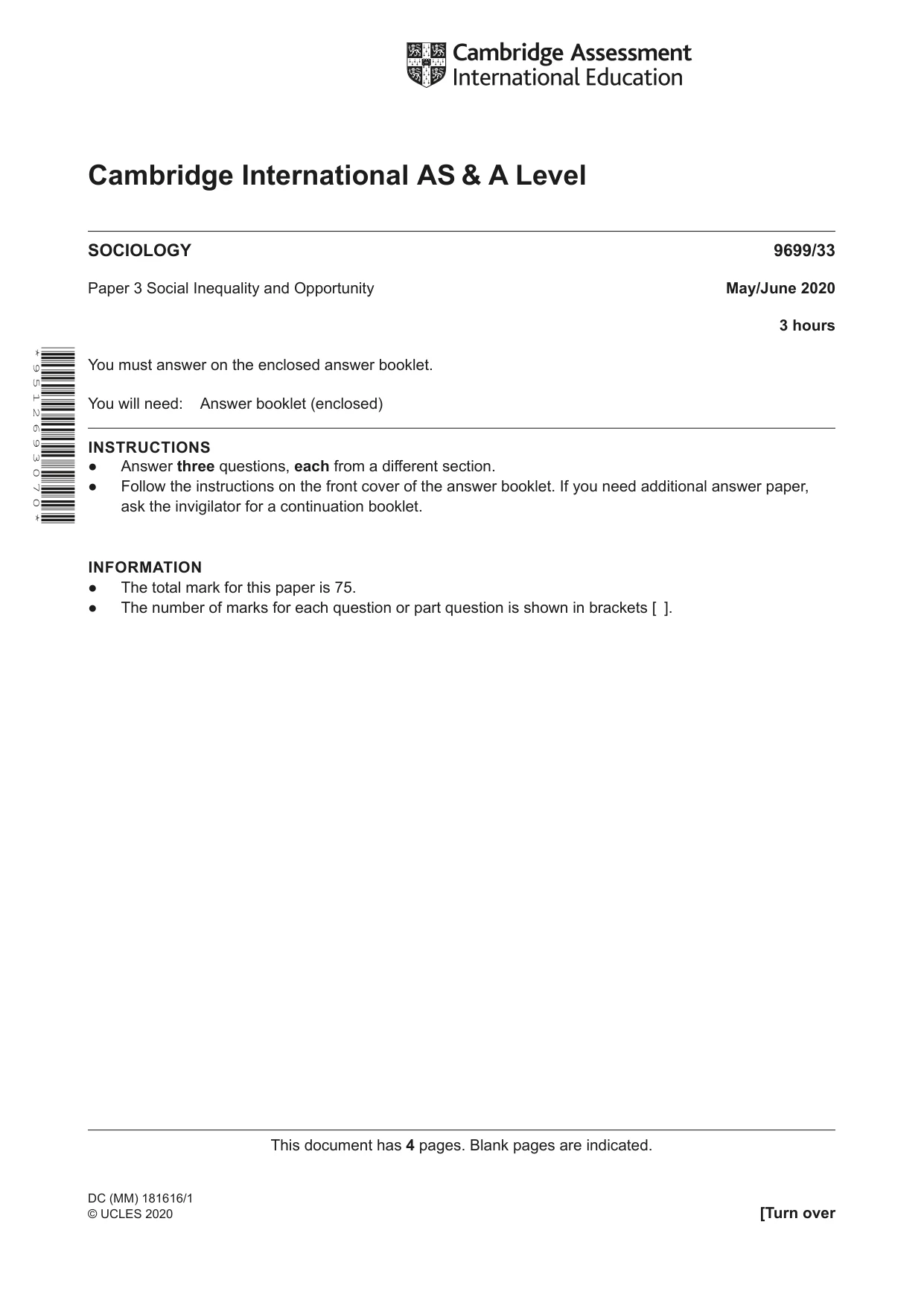 Cambridge A Level Sociology 9699 2020 May/June Paper 3 · Variant 3 question paper, page 1 of 4