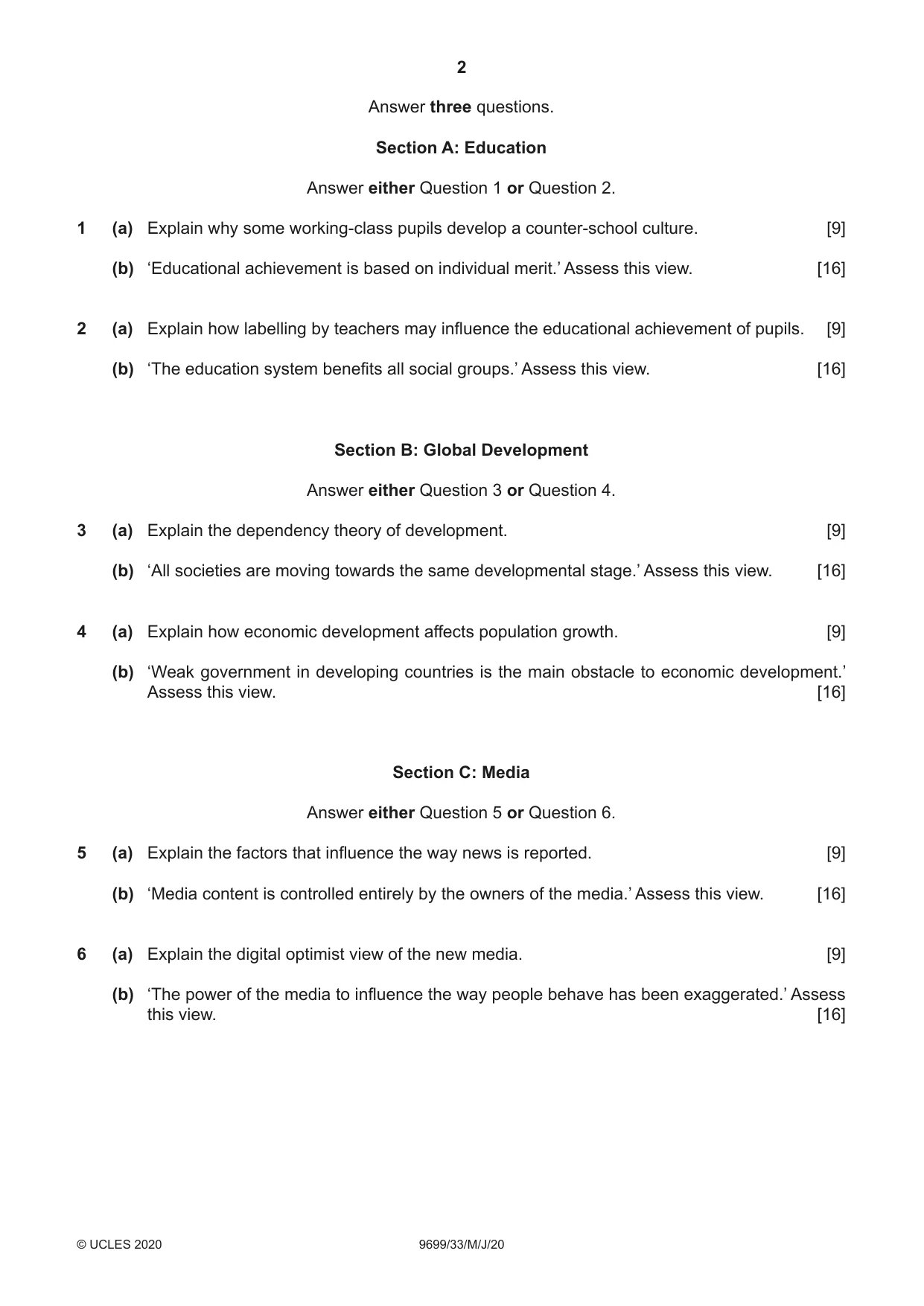 Cambridge A Level Sociology 9699 2020 May/June Paper 3 · Variant 3 question paper, page 2 of 4
