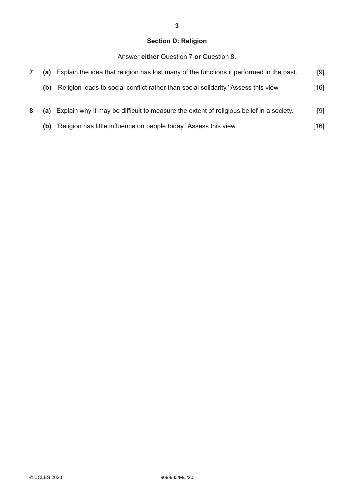 Cambridge A Level Sociology 9699 2020 May/June Paper 3 · Variant 3 question paper, page 3 of 4