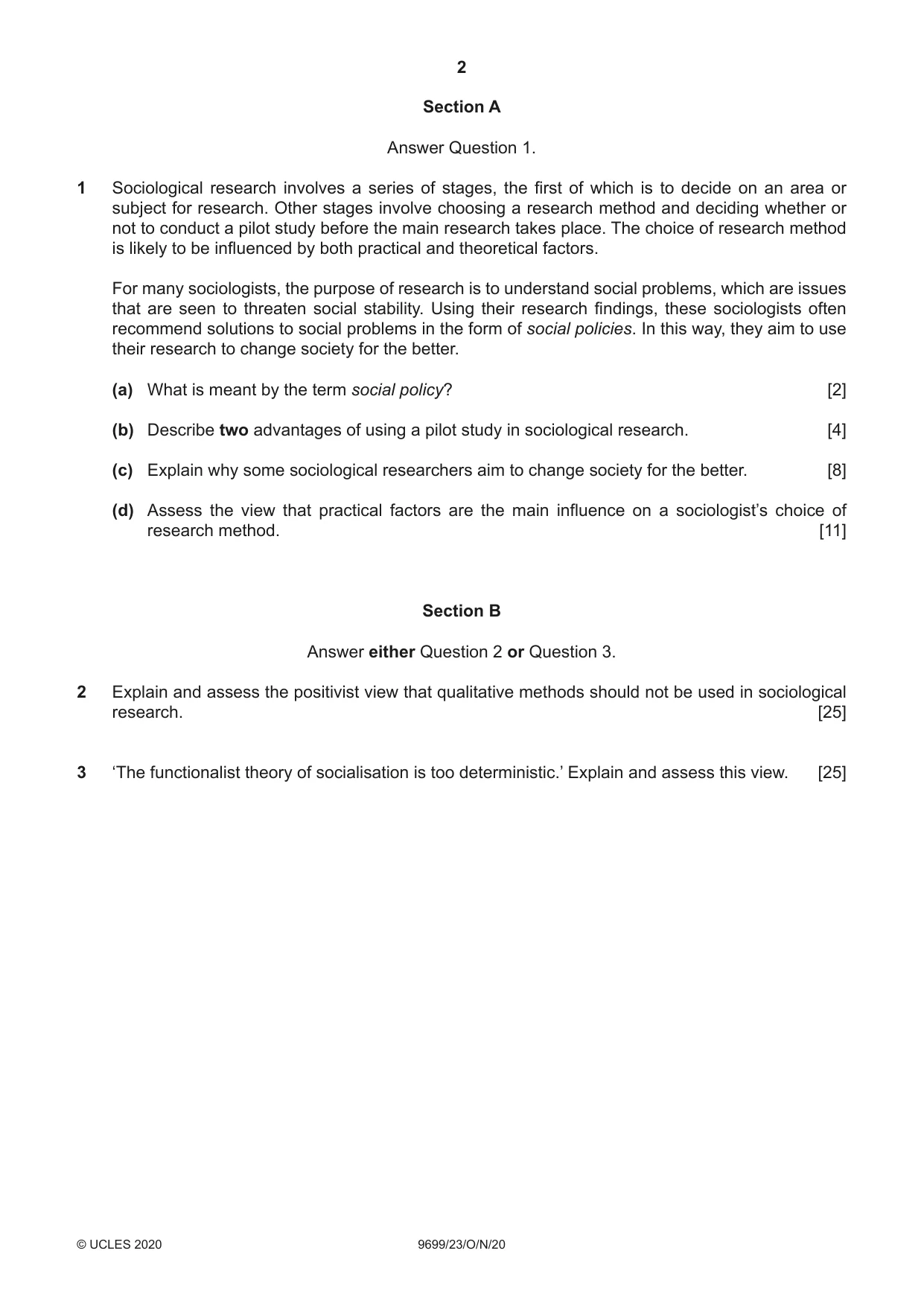 Cambridge A Level Sociology 9699 2020 Oct/Nov Paper 2 · Variant 3 question paper, page 2 of 4