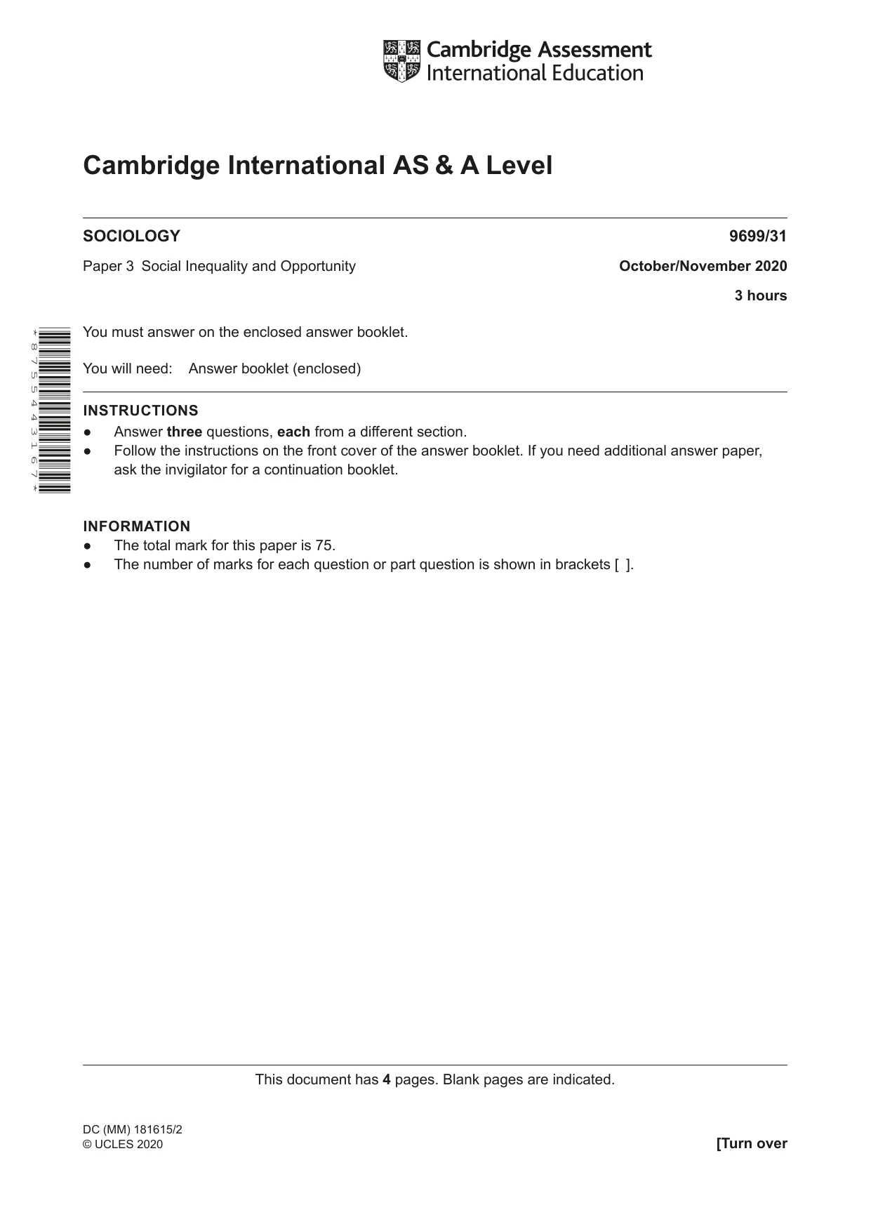 Cambridge A Level Sociology 9699 2020 Oct/Nov Paper 3 · Variant 1 question paper, page 1 of 4