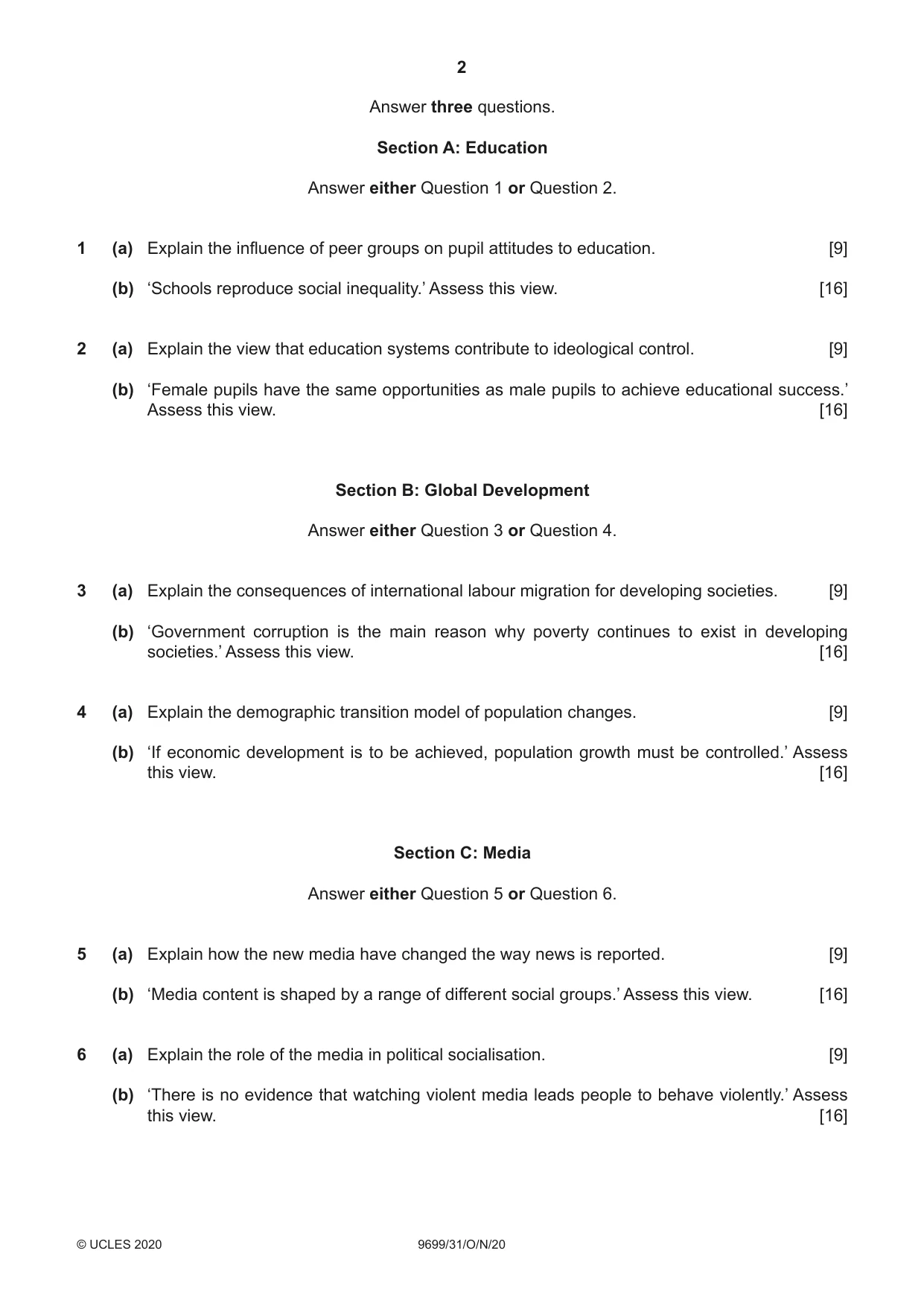 Cambridge A Level Sociology 9699 2020 Oct/Nov Paper 3 · Variant 1 question paper, page 2 of 4