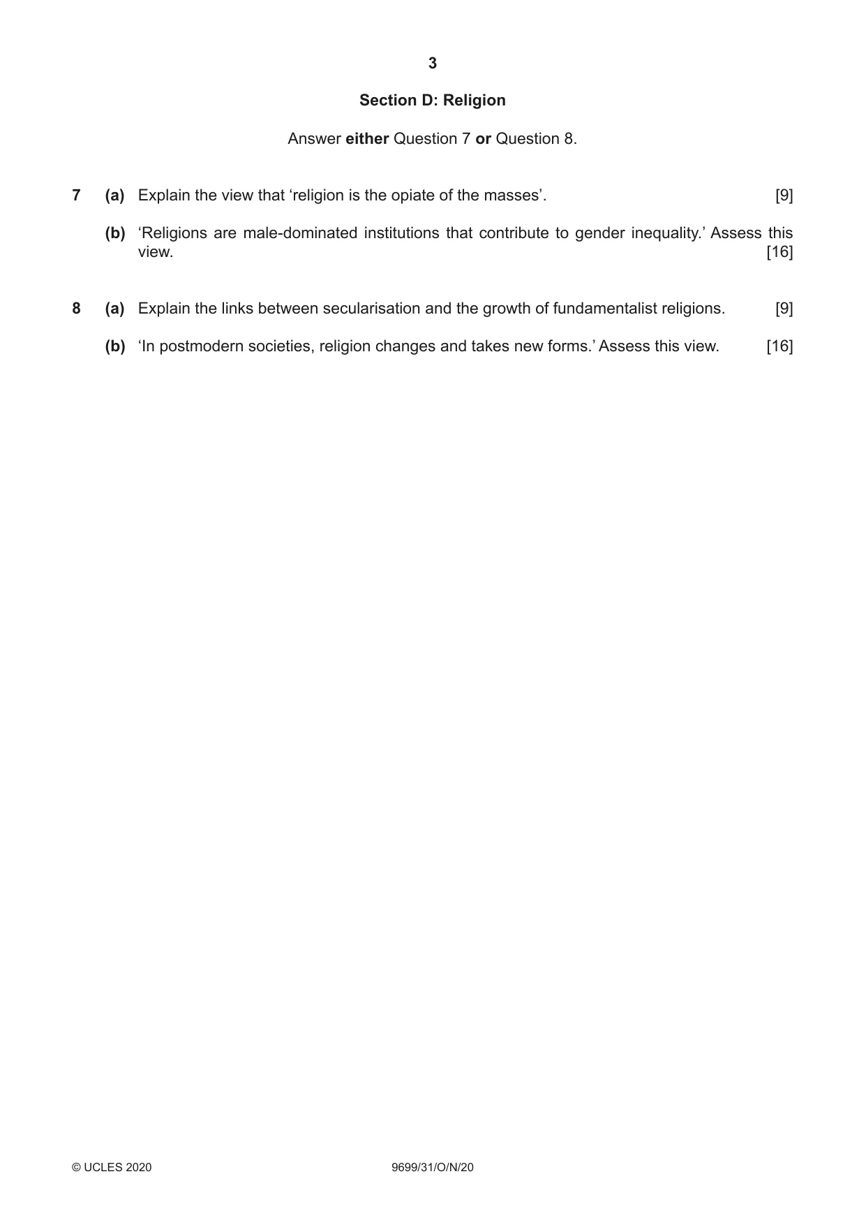 Cambridge A Level Sociology 9699 2020 Oct/Nov Paper 3 · Variant 1 question paper, page 3 of 4
